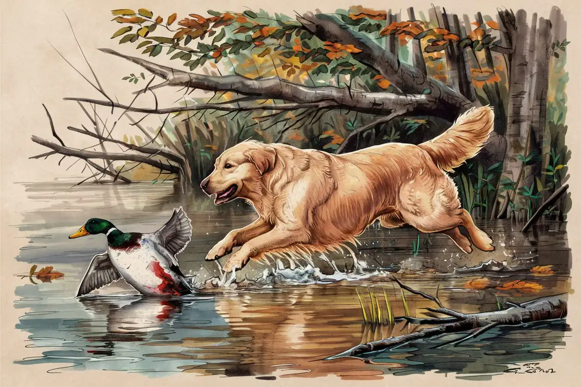 late fall in flooded timber, a skillfully rendered sketch illustration of a Golden Retriever , chasing a wounded duck in the water