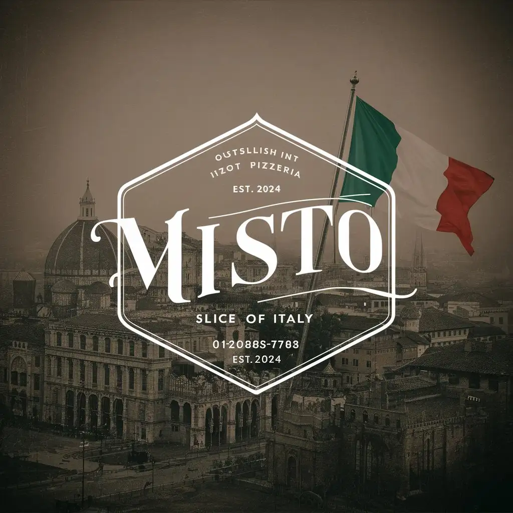 Misto Pizzeria, Emblem, Slim, typography logo, Ornament, White background, Classy, EST 2024 , Italy flag, Slogan Slice of Italy , Sketched Italian City, Old School, Foggy atmosphere, Call us now 01204857783