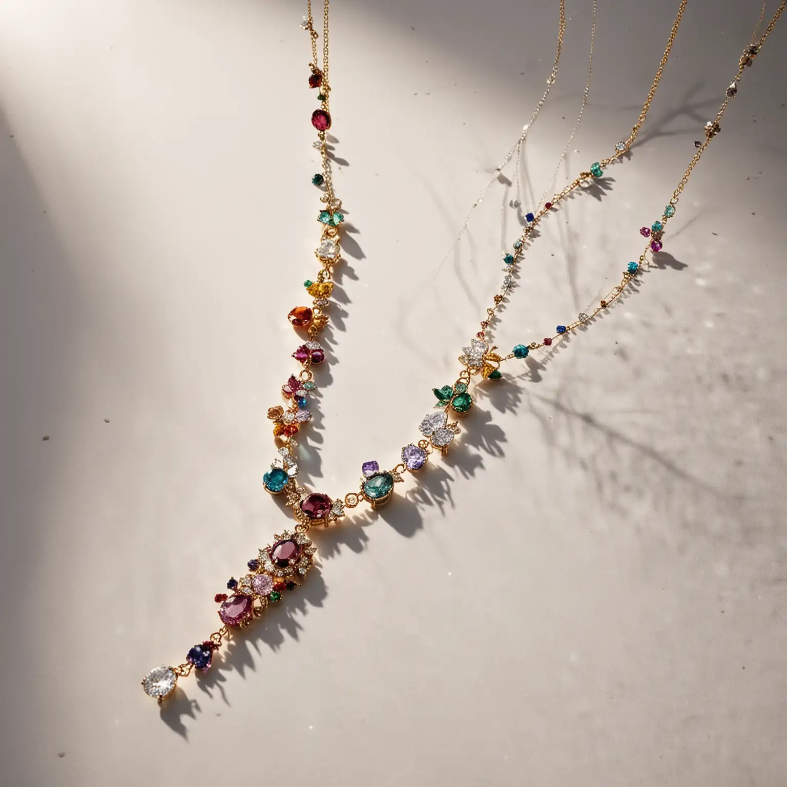 A post of  jewelry neclaces advertising with white wall backrground and sunlight shadows, and crystals sparkling falling around with heaven vibe and some fresh colors of jewels