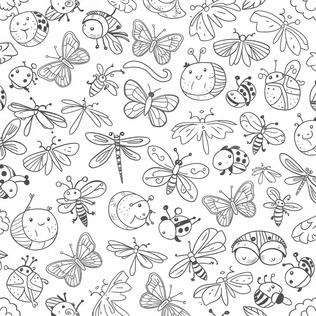 simple cute insects pattern coloring page. all in black and white. white background. should cover the whole page.