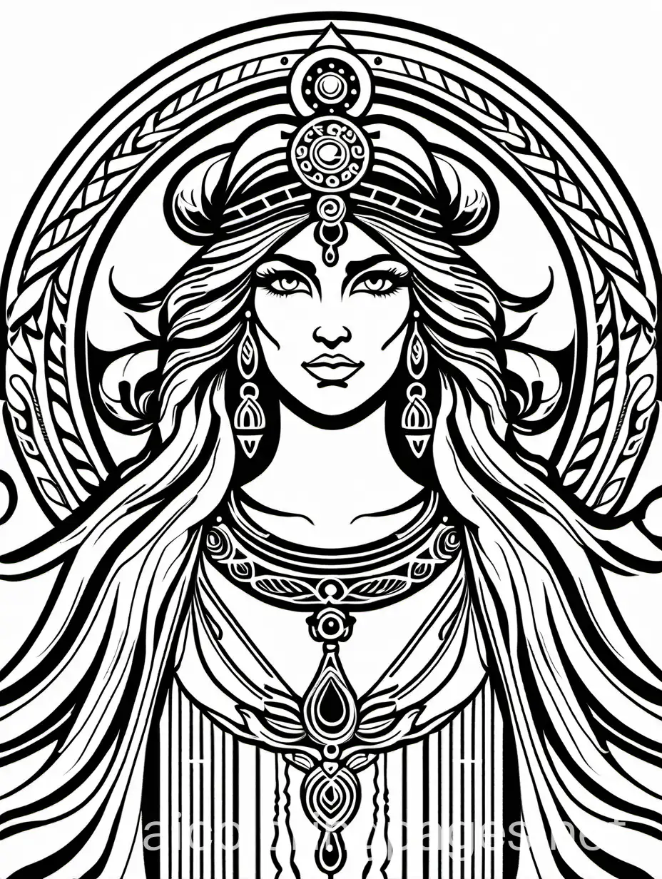 greek goddess hecate, Coloring Page, black and white, line art, white background, Simplicity, Ample White Space. The background of the coloring page is plain white to make it easy for young children to color within the lines. The outlines of all the subjects are easy to distinguish, making it simple for kids to color without too much difficulty