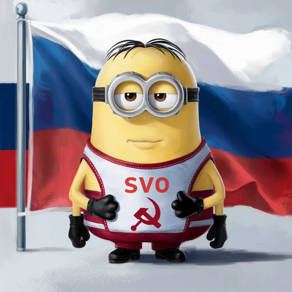 Накаченный миньон с надписью Svo на фоне флага России