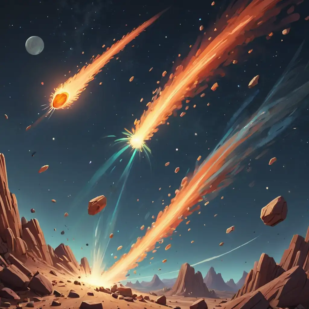 мультяшные кометы падают с неба на землю 