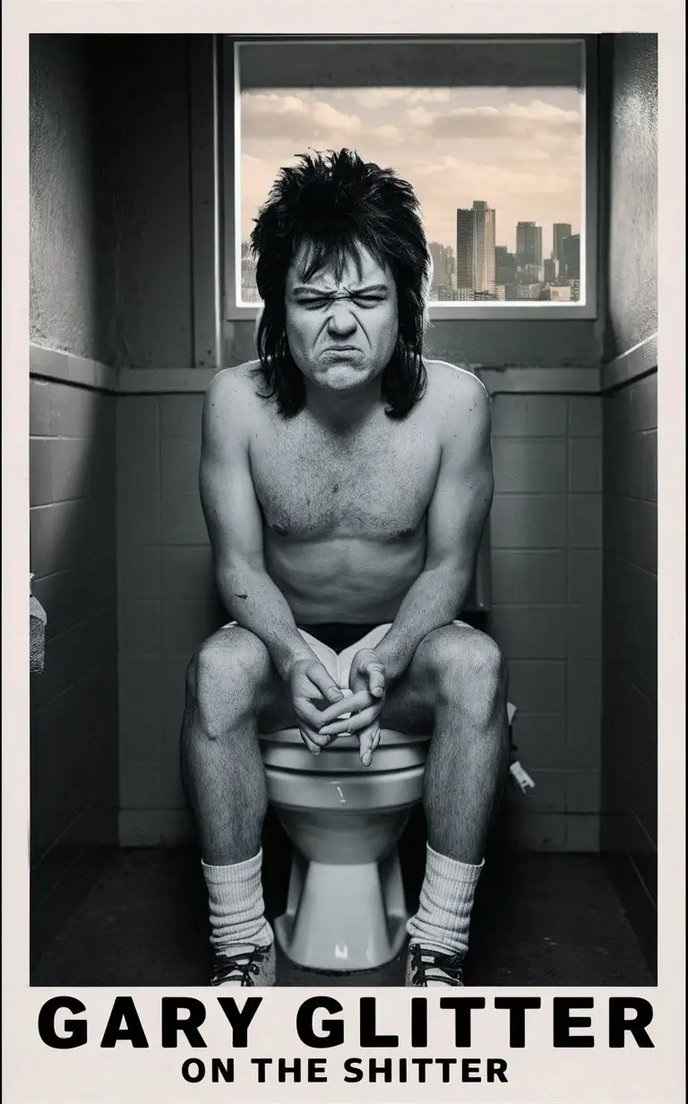 Singer Gary Glitter sitting on a toilet, the photograph is captioned “Gary Glitter on the shitter”