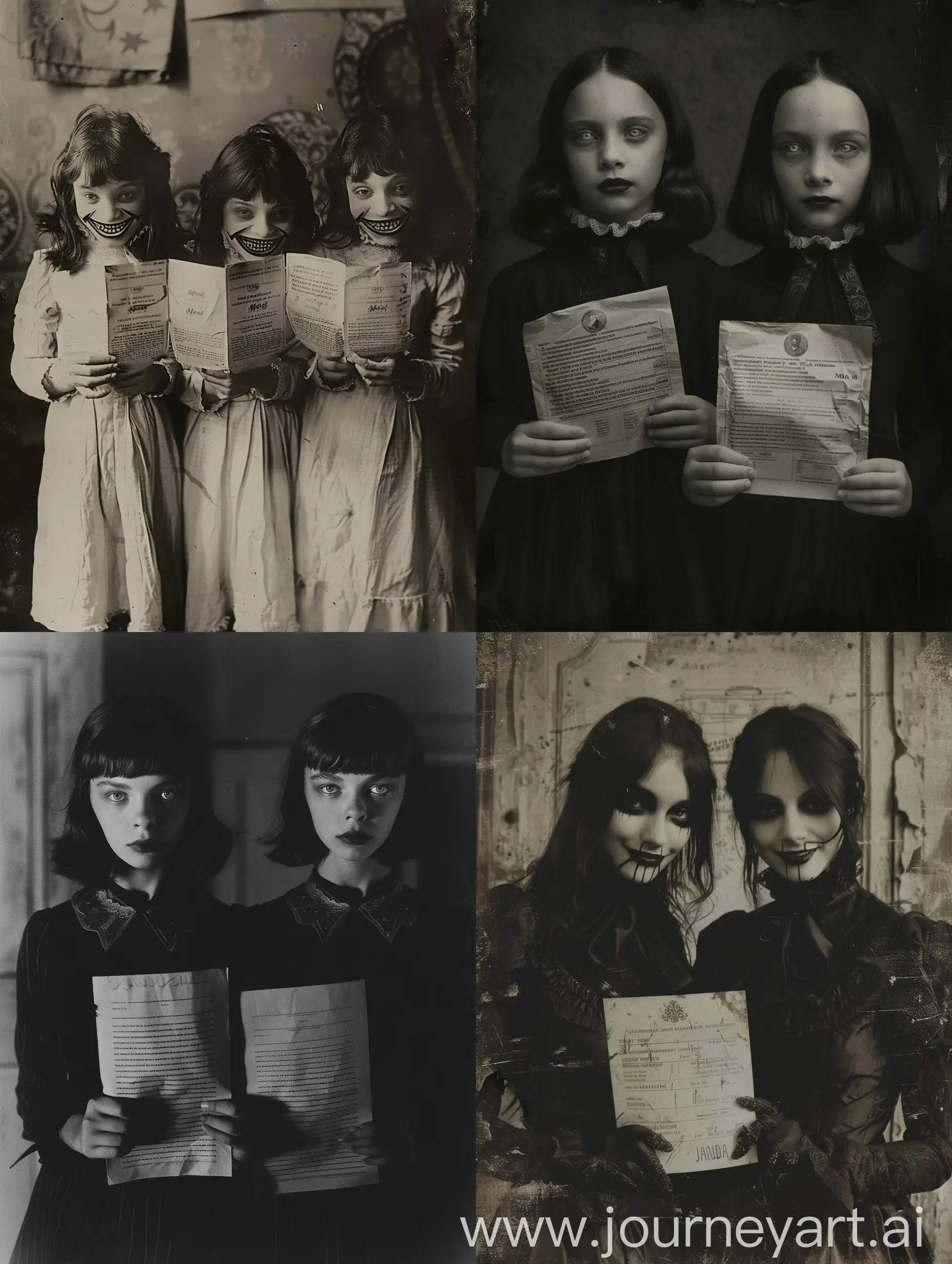Emil Melmoth photo, modern scammer girls holding paper with text "JANDA", sinister smiles, dishonest grins 
