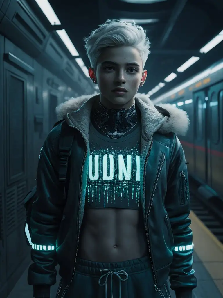 teen femboy hacker, white hair, outfit with bioluminescent details,  jacket over crop top, backpack, dystopian cyberpunk subway station, low light, fluffy fur-trim