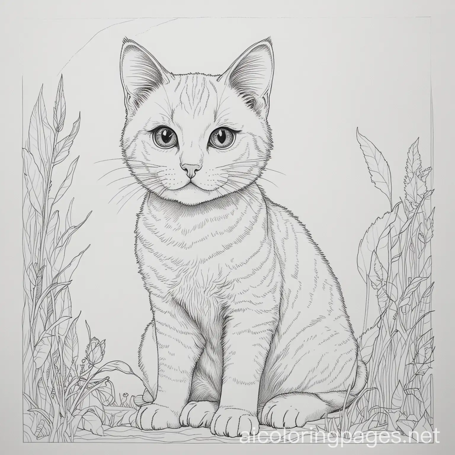 Adult Coloring Pages: Cat, Coloring Page, black and white, line art, white background, Simplicity, Ample White Space. The background of the coloring page is plain white to make it easy for young children to color within the lines. The outlines of all the subjects are easy to distinguish, making it simple for kids to color without too much difficulty