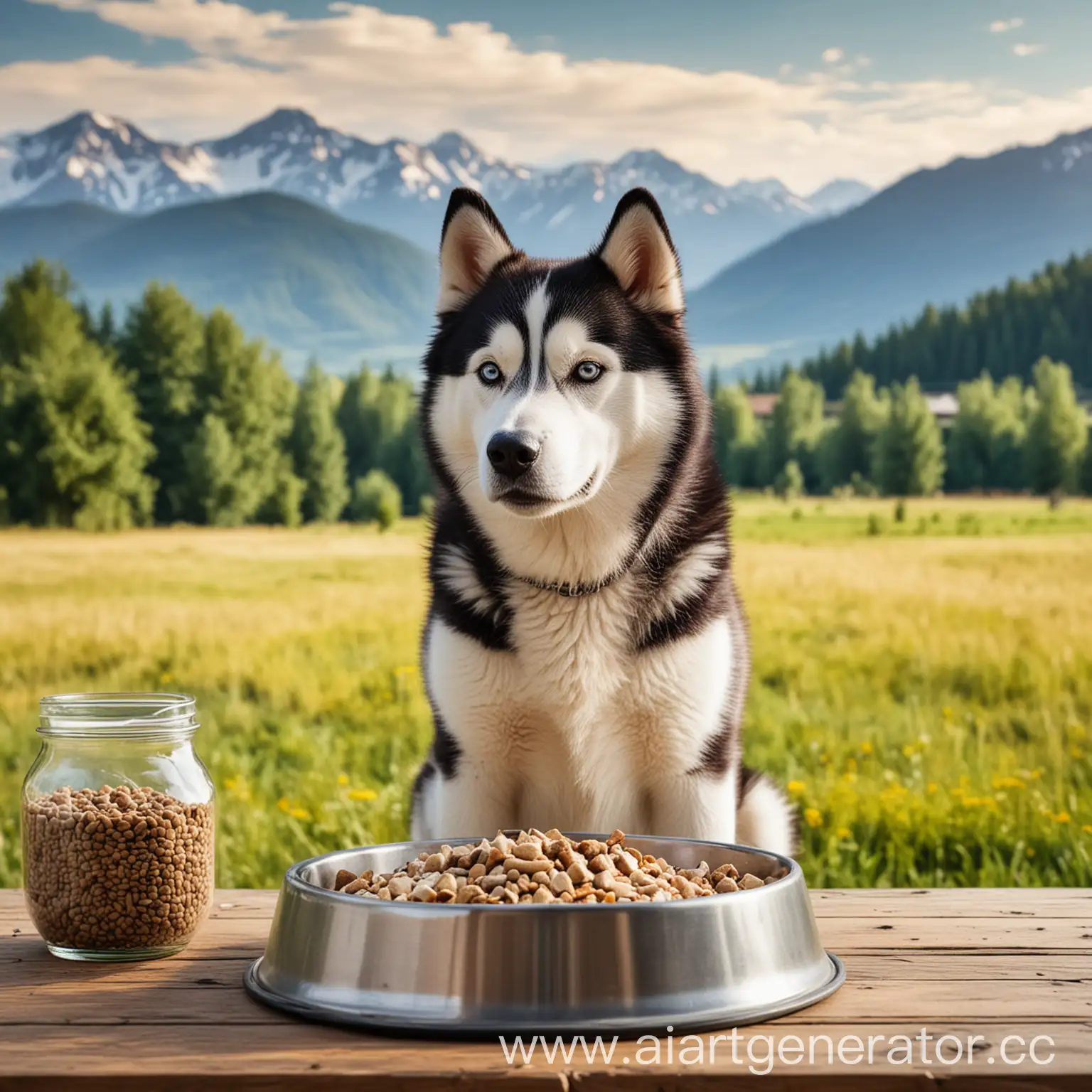 Siberian-Husky-Eating-from-Bowl-on-Table-with-Mountain-Meadow-Background