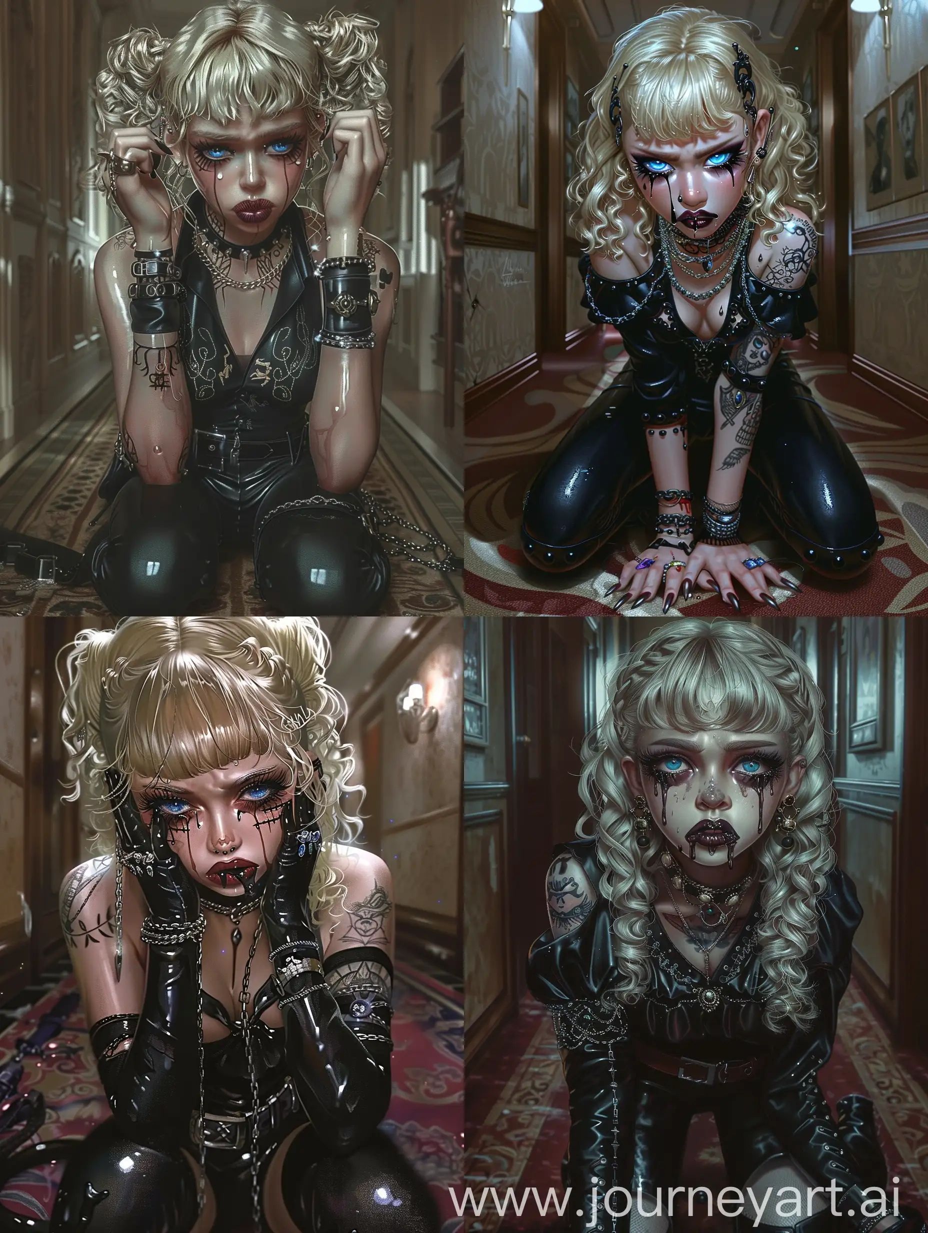 korean art style, 2D, semi realistic, goth girl, blue eyes, glossy skin, plum glossy lips, nicely done black eyeliner, well made black heavy make up, full long black lashes, 20 years old, blonde hair, curls, one side of hair behind ear, bangs, goth style, goth girl, shedding tears, sad expression, goth latex choker, different silver necklaces, well made japanese tattoos on neck and arms, well made goth blouse with designs and style, black latex pants, goth belt, different leather bracelets and silver bracelets, black glossy nail polish, kneeled down, in well made hotel corridor, haunted, abandoned, grotesque, spooky vibe
