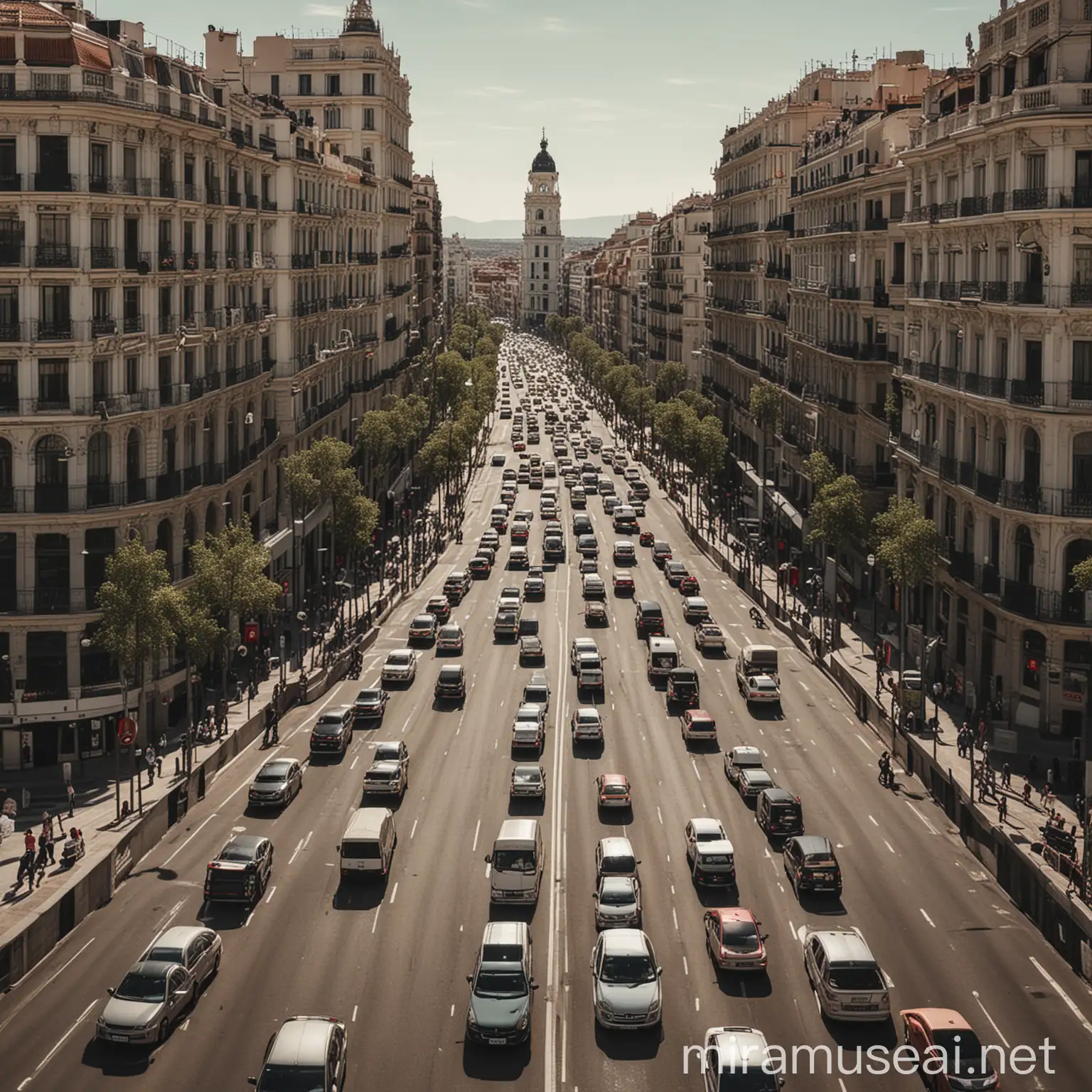 carretera en ciudad como Madrid con mucho tráfico