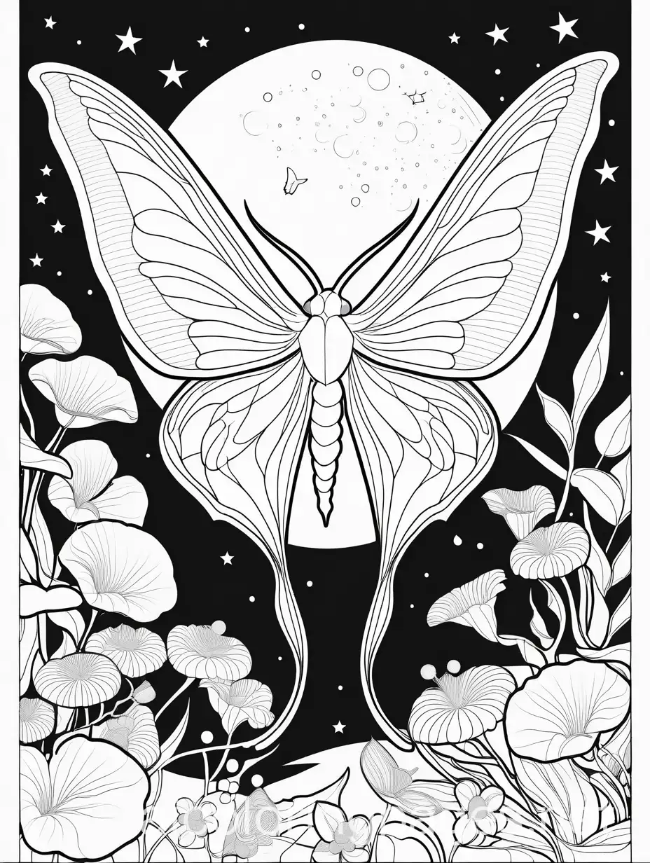 LUNA MOTH BY THE MOON, Coloring Page, black and white, line art, white background, Simplicity, Ample White Space. The background of the coloring page is plain white to make it easy for young children to color within the lines. The outlines of all the subjects are easy to distinguish, making it simple for kids to color without too much difficulty
