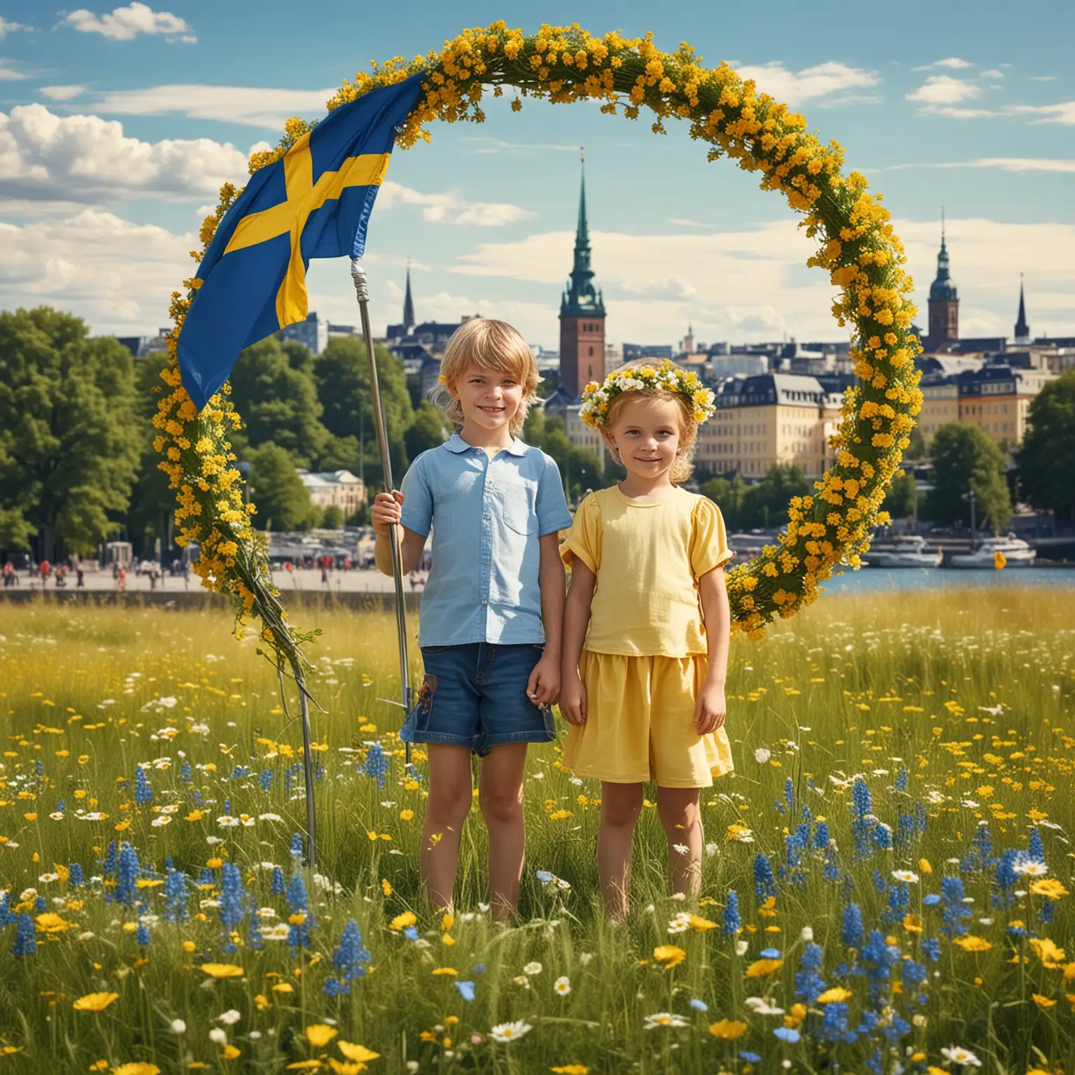 Two Children Wearing Summer Wreaths in Meadow with Stockholm Cityscape and Swedish Flag