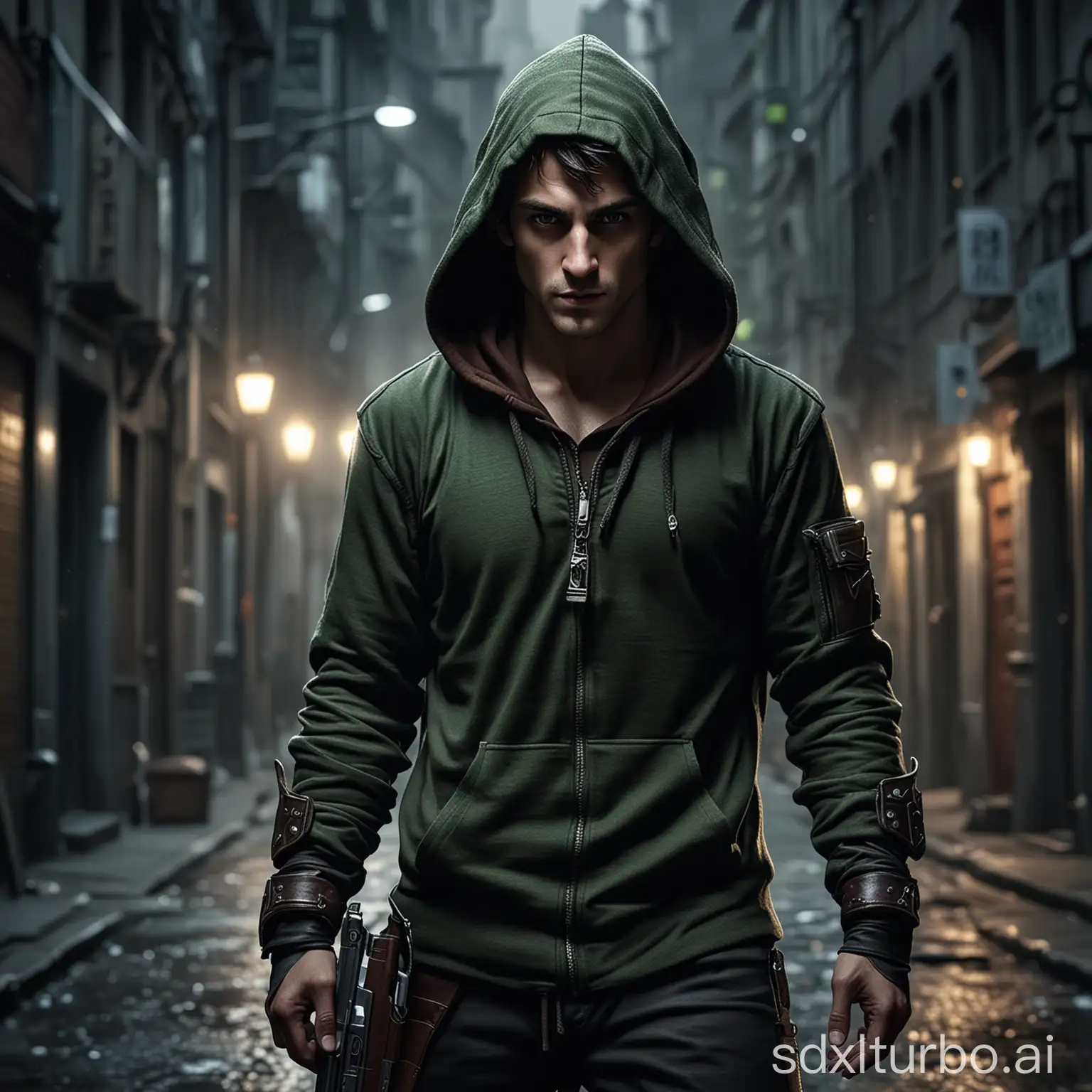 Create a high resolution, 16:9 aspect ratio, image about "A Shadworun legende". Show a male elf in a Hoody and a modern pistole in his hand, alone in a dark street of modern city

