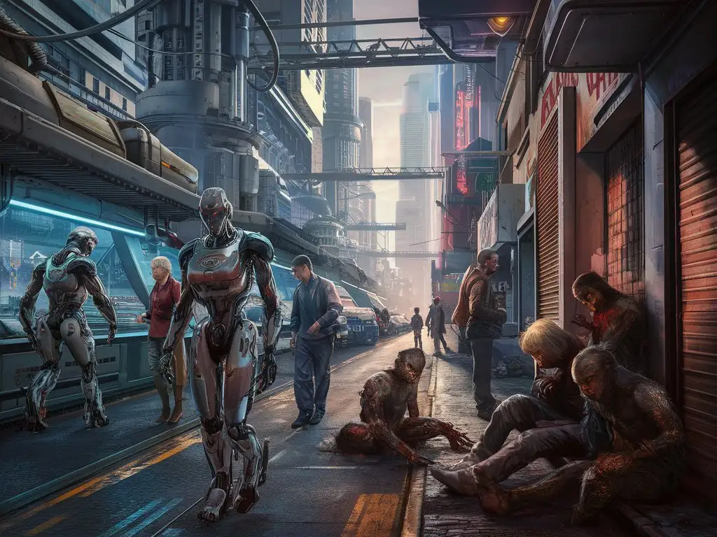 在未来充满着高科技的城市里，机器人们像高级动物人类一样自由出行，工作。而作为类则蜷缩在街角变成了流浪汉。