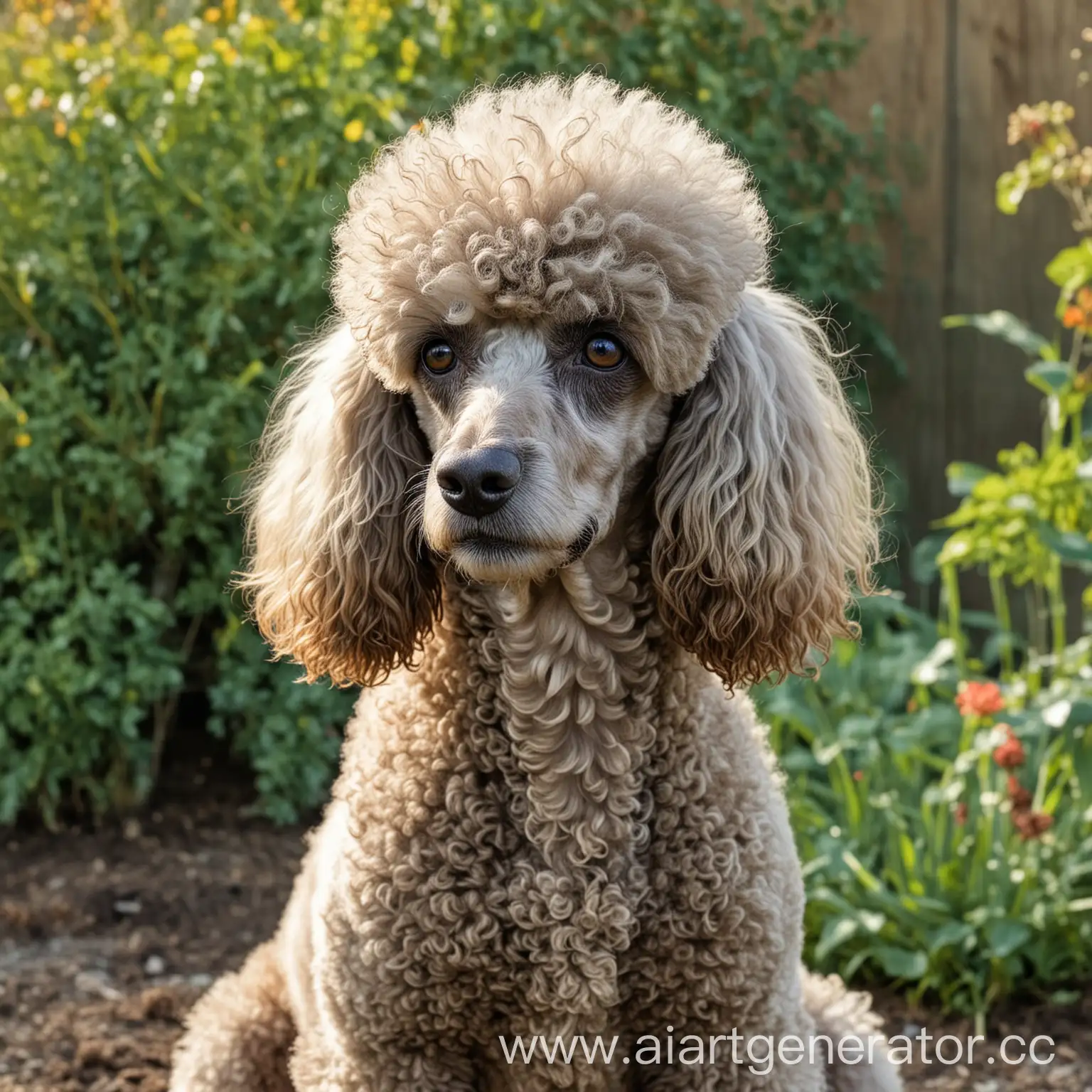 Neglected-Poodle-with-Large-Black-Eyes-in-Garden-Setting