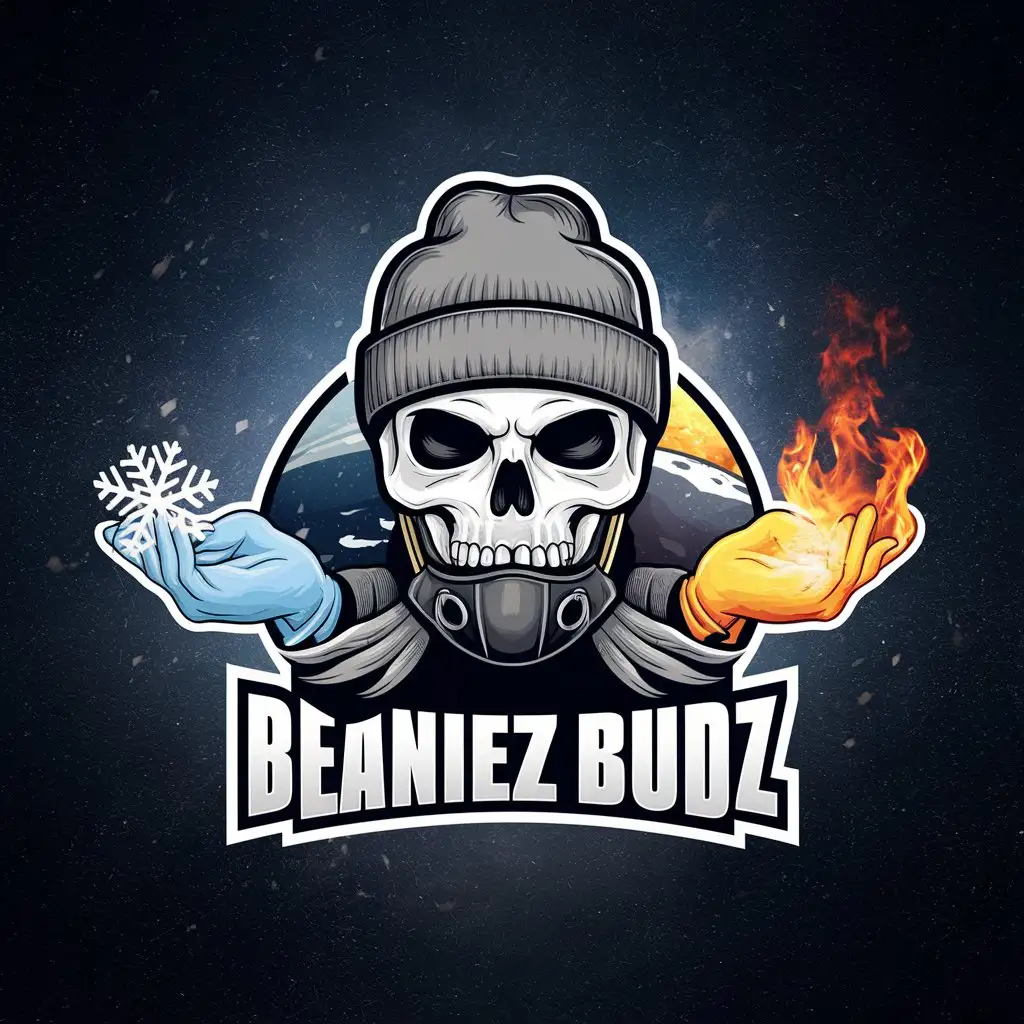 a logo design,with the text 'Beaniez Budz', main symbol:Skull with a mask wearing a beanie hat in space,Moderate,clear background, fire on right side, snow in the left hand, snow and fire, snowflake left hand, fire right hand