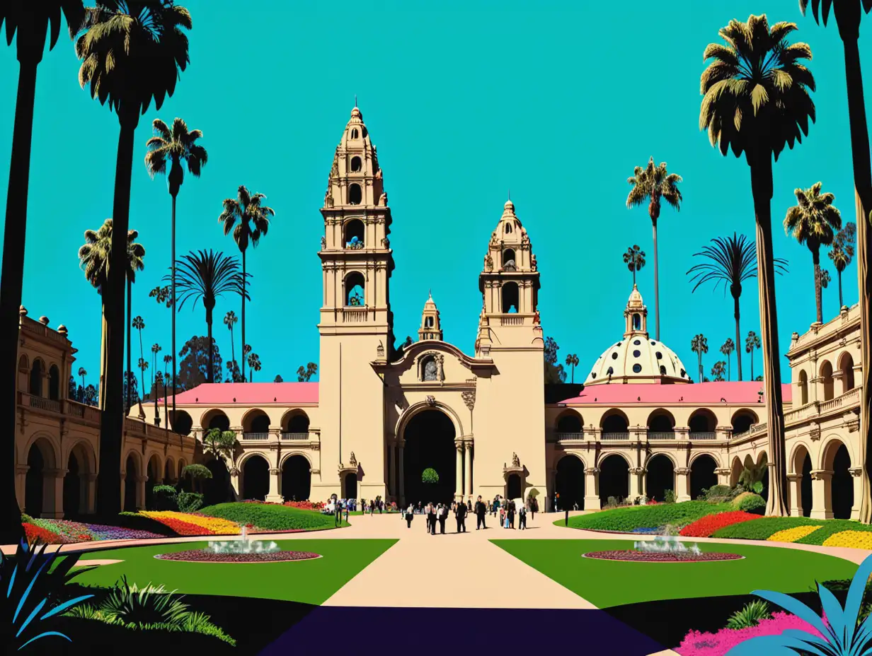 Balboa Park , A 1,200-acre park that is home to museums, gardens, theaters, and the world-famous San Diego Zoo , San Diego a City of California , colorfully in vector style
