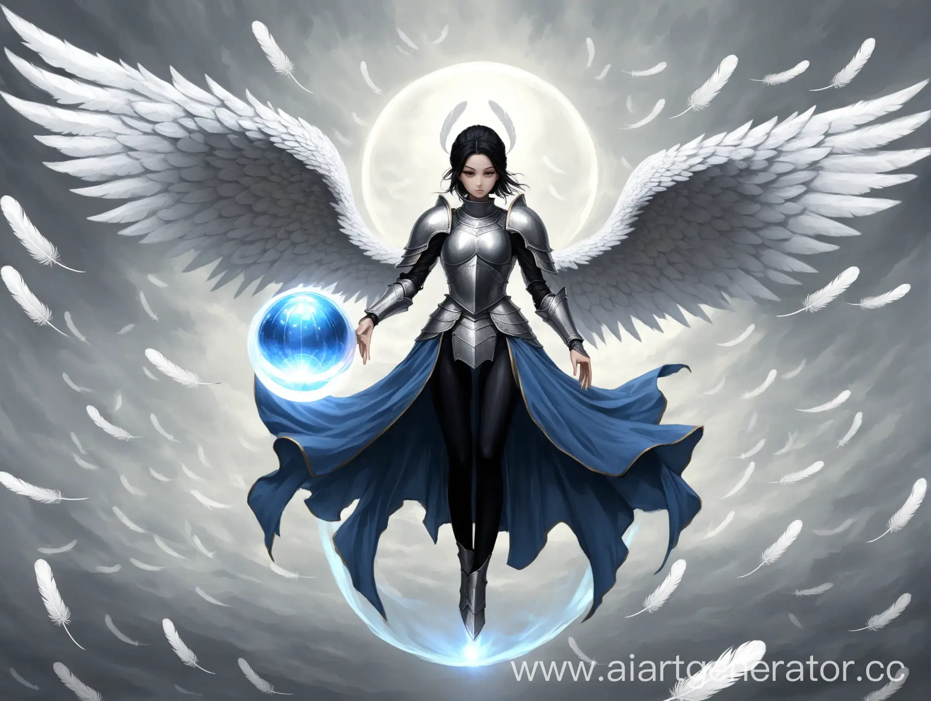 Warrior-Woman-in-Grey-Armor-with-Giant-Wings-and-Magic-Ball