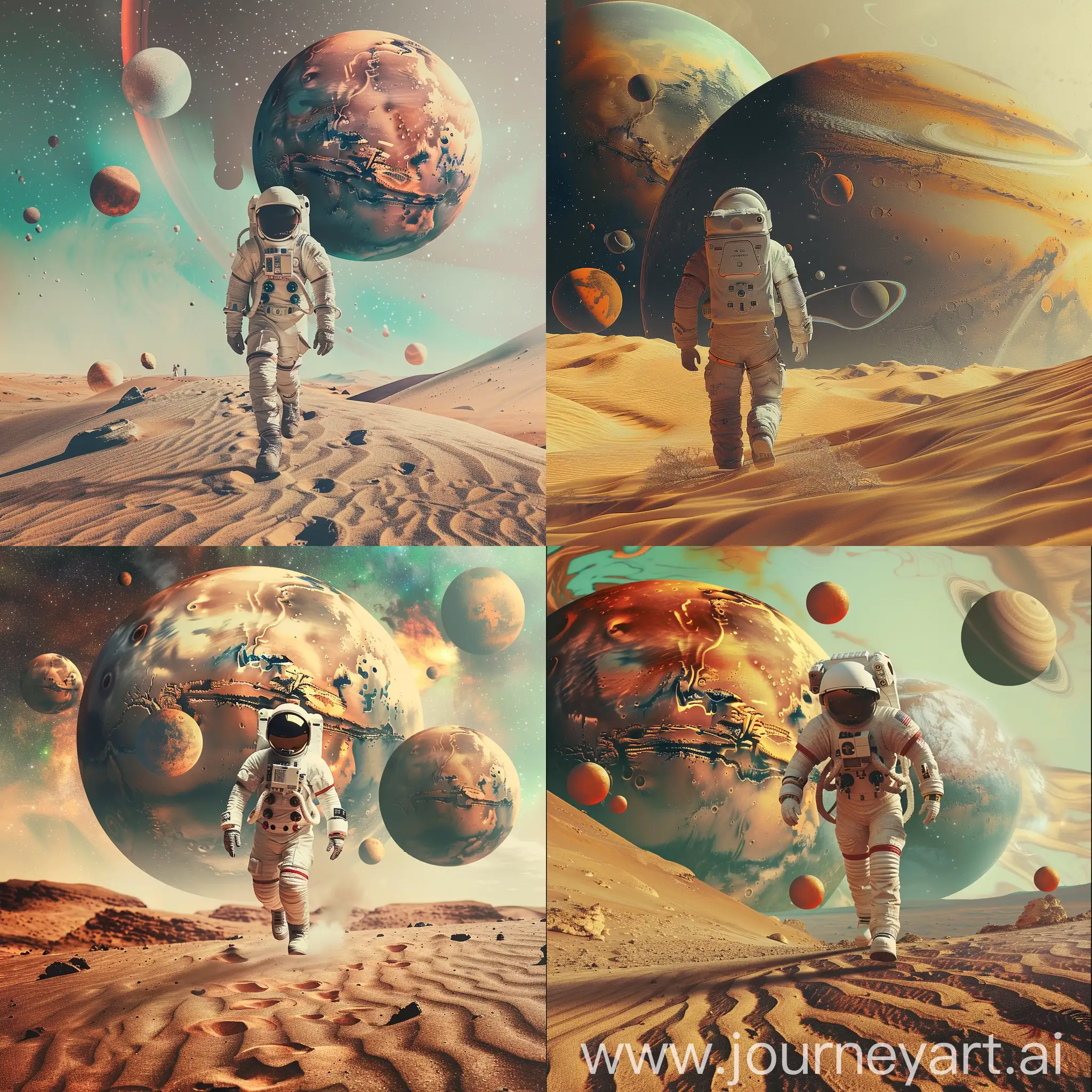 an astronaut walking across a desert, planet mars in the background, floating beside planets, space art