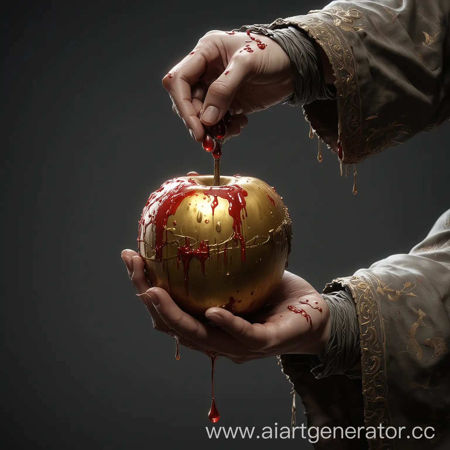 someone is holding a golden apple with blood dripping down it, concept art inspired by Akihiko Yoshida, polycount contest winner, symbolism, ultra detailed symbolism, golden apple, sekiro in bloodborne world