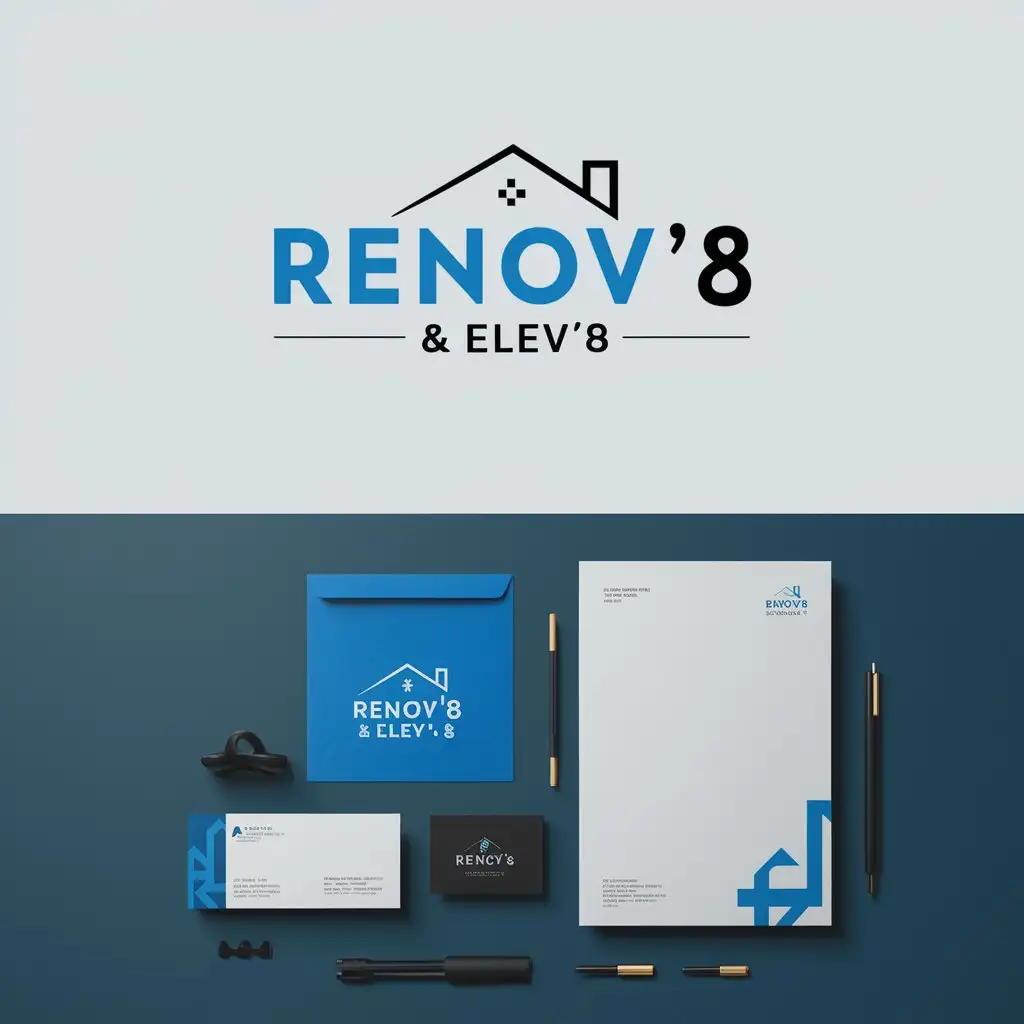 a logo design,with the text "RENOV'8'' & ELEV'8” Home Renovations", main symbol:need a minimalistic and modern wordmark logo design. this logo should include text with the home or roof. preferred colors blue and black. must be a logo on the stationery design mockup,Moderate,clear background