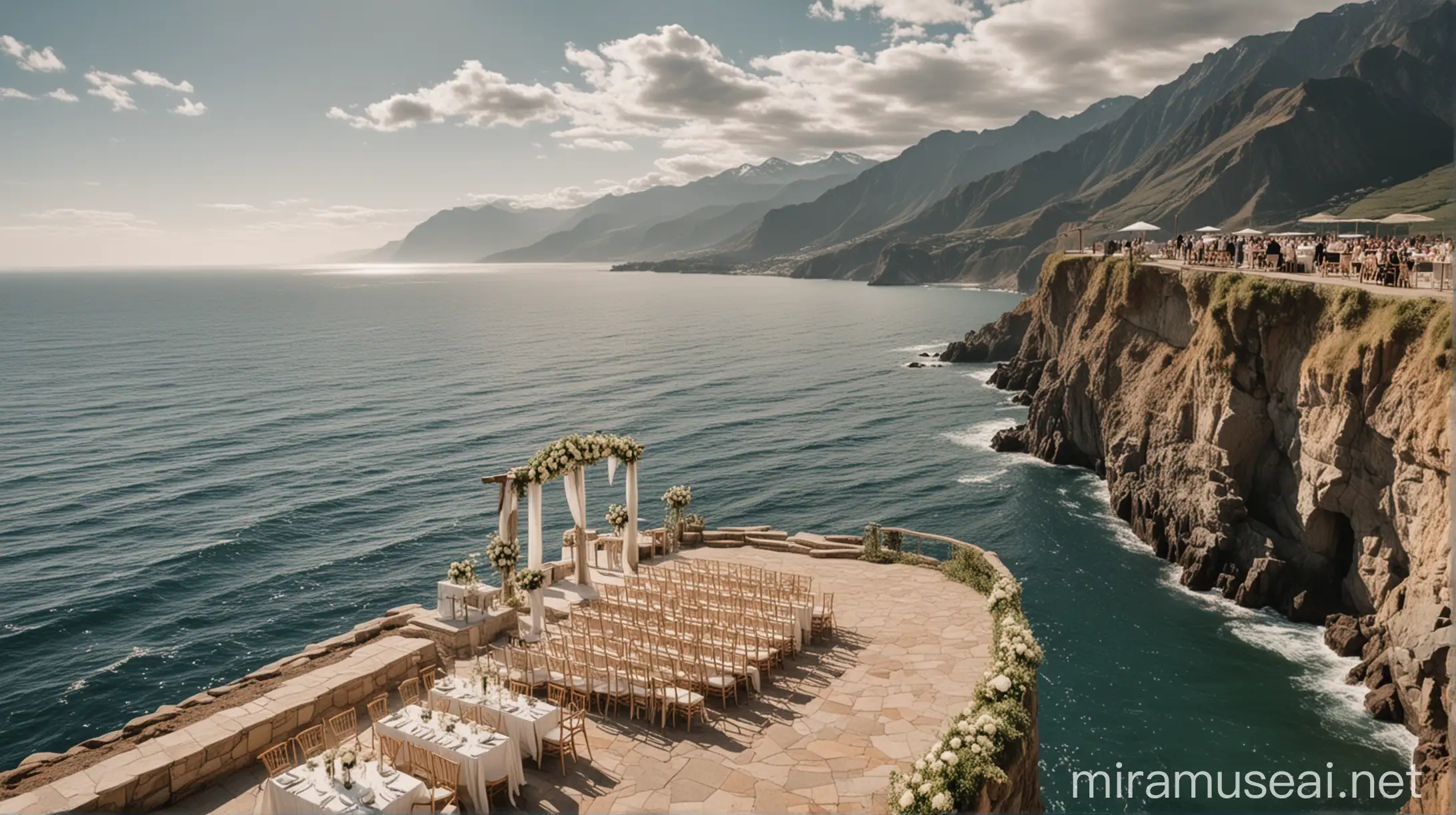beautiful wedding venue on a cliff next to an ocean and breathtaking mountains in the background 