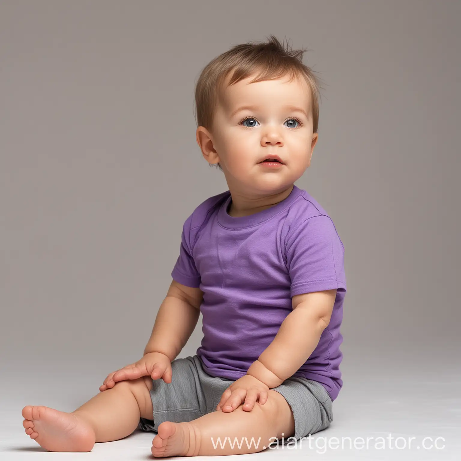 A 1-year-old boy in a purple T-shirt, sitting, bright light, on a white background
