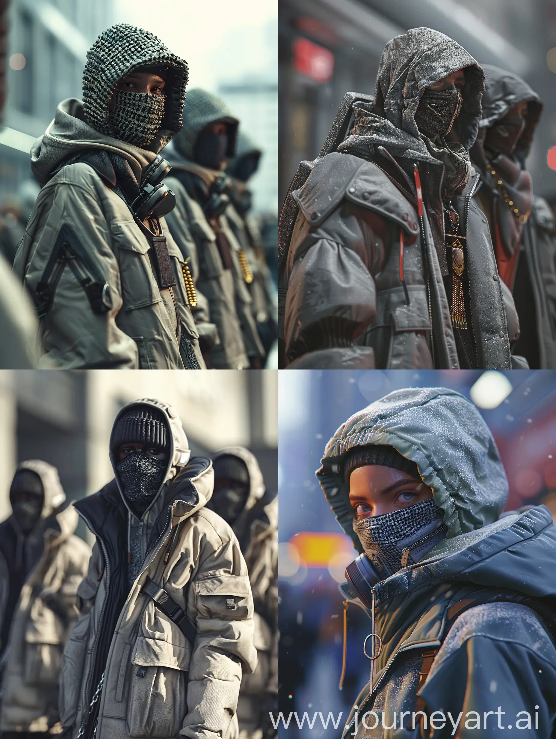 "Generate an ultra-realistic image reminiscent of Central Cee's style, featuring individuals adorned in oversized jackets and UK drill grime-inspired balaclavas, accessorized with meticulous attention to detail. Highlight the texture of the clothing and accessories, utilizing a dynamic interplay of camera angles and lighting to create a compelling visual narrative. Implement a skillful use of blur to enhance the atmosphere, focusing on the intricate textures of the clothing and accessories. Ensure a nuanced depiction that authentically captures the essence of UK drill grime fashion, incorporating the distinct elements of Central Cee's aesthetic."