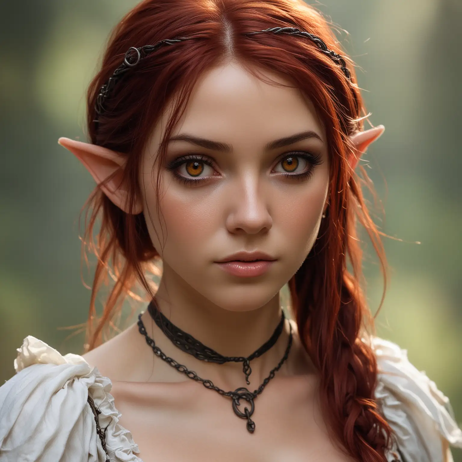 Fantasy elf female, beautiful, slave clothes, dark red hair, big rust coloured eyes, delicate features, hot, gentle, sweet, shy