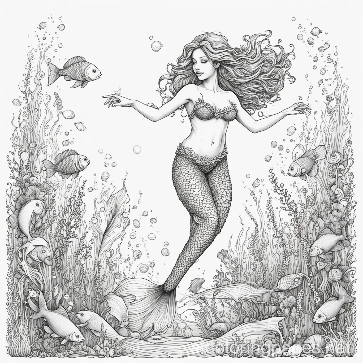 Mermaid dancing in Ocean with colorful fish, Coloring Page, black and white, line art, white background, Simplicity, Ample White Space. The background of the coloring page is plain white to make it easy for young children to color within the lines. The outlines of all the subjects are easy to distinguish, making it simple for kids to color without too much difficulty