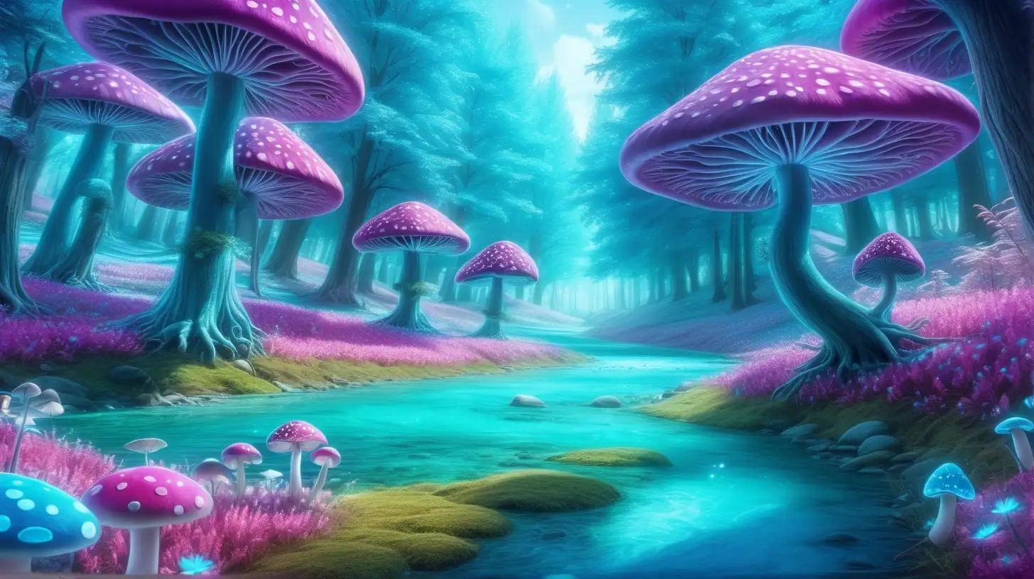 Forest of Bright royal-green and blue big, flower trees, purple, pink surrounded in turquoise dust. Bright-blue-river. Daylight, 8k, fairytale mushrooms, glowing., florescent ice .