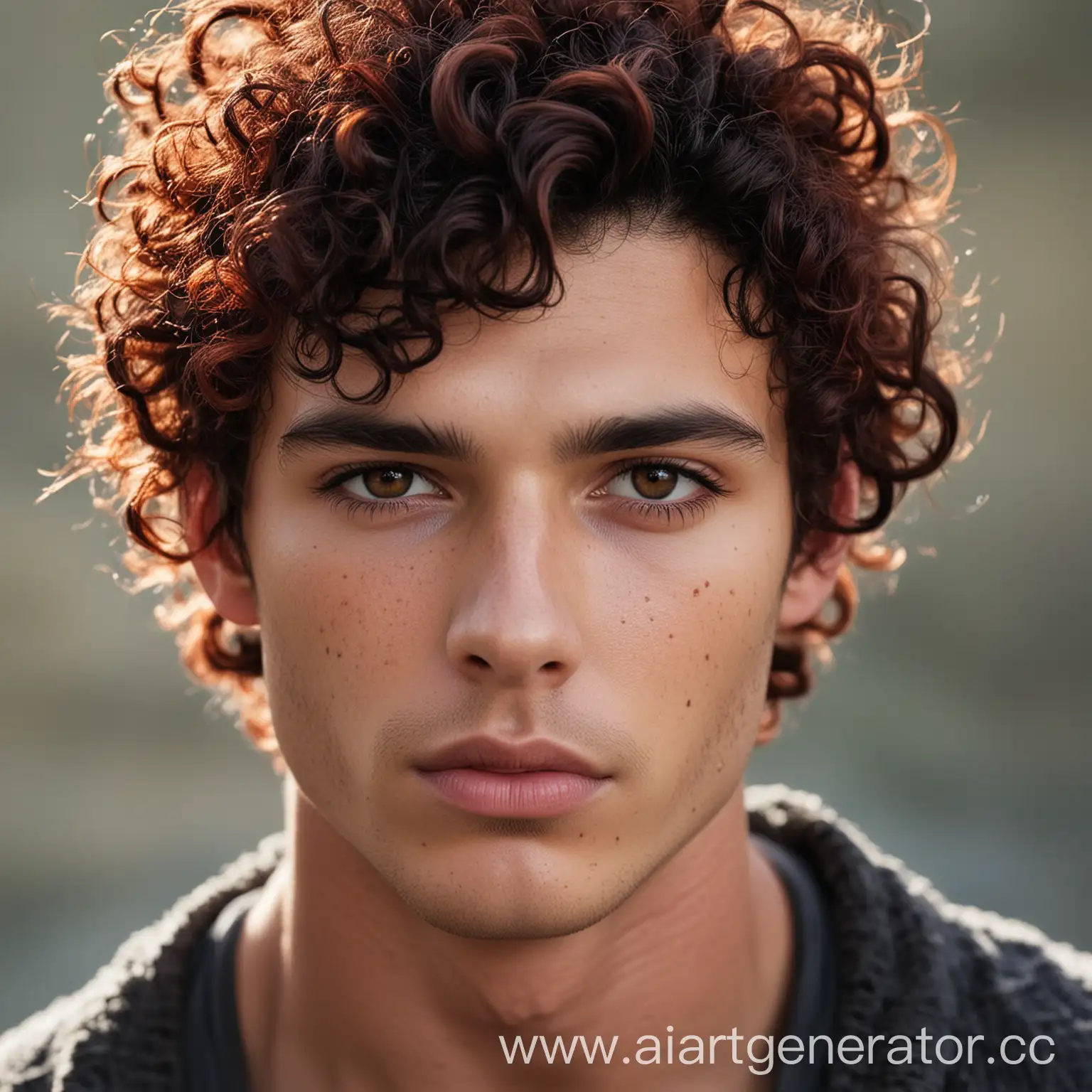 Dramatic-Portrait-of-a-BlackHaired-Man-with-Curly-Red-Hair-and-Intense-Expression