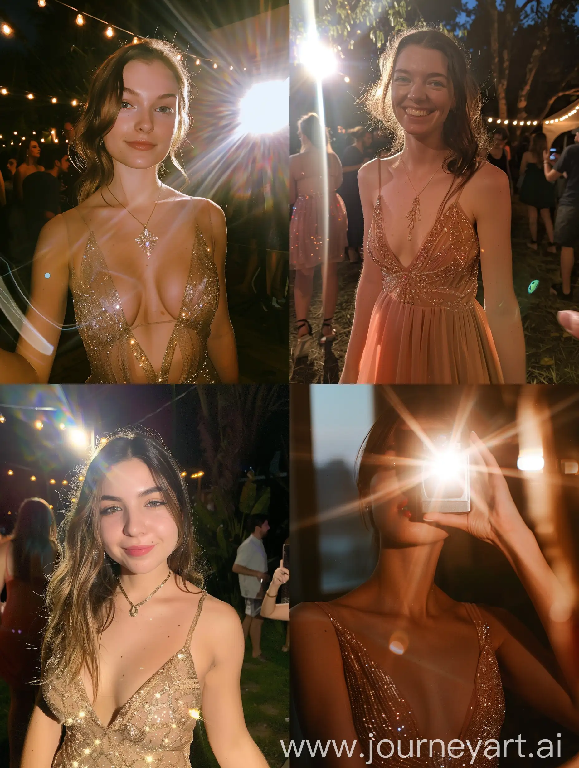 at party, at night, wearing a dress, camera flash, flash light, selfie