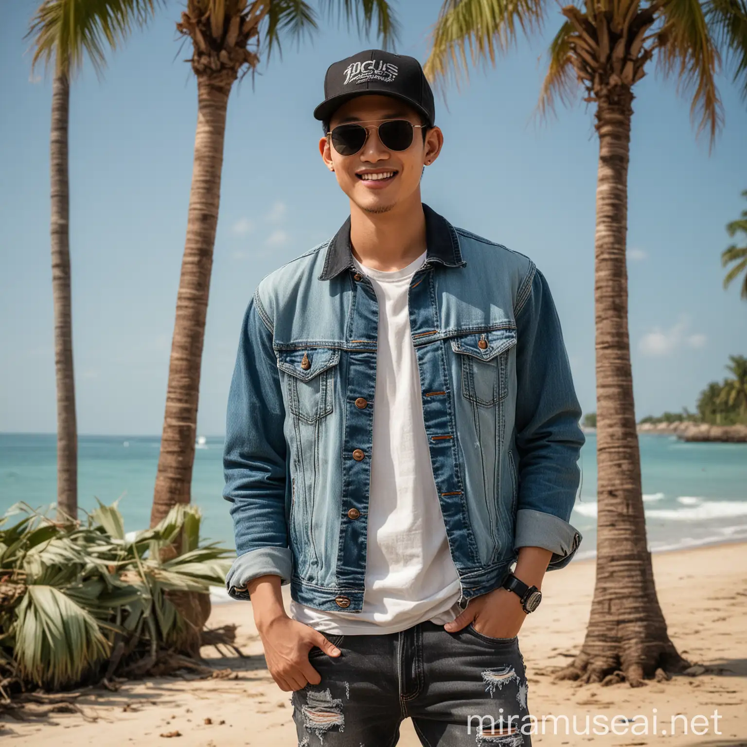 Nikon camera result: a somewhat thin Asian man smiles wearing a black baseball cap, black locus sunglasses, light blue ripped jeans jacket, and jeans sneakers standing on the beach with coconut trees in the daytime, very detailed, very clear, high resolution.