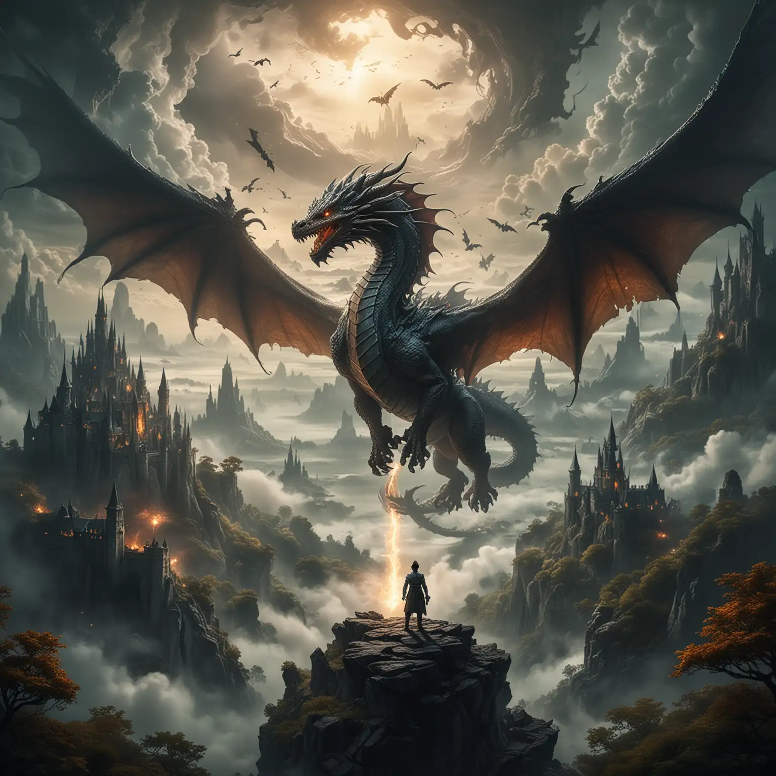 A realistic beautiful photo depicting the magical world of fantasy, where the boundaries of reality dissolve like a fog. At the center of the composition, a majestic dragon cuts through the sky with its powerful wings, symbolizing endless possibilities and extraordinary adventures.

Below, a powerful magician wields the forces of nature, drawing his will in the ether. Its aura radiates a bright glow, showing the power and control over the elements. In the background there is an epic landscape, where good and evil fight their eternal battles, and the fate of the heroes is intertwined with legends.

On the right we see hazy, dark forests and mysterious cities that invite you to discover your secrets. Every corner of this world offers a chance for new discoveries and learning, reflecting our deepest desires and fears.