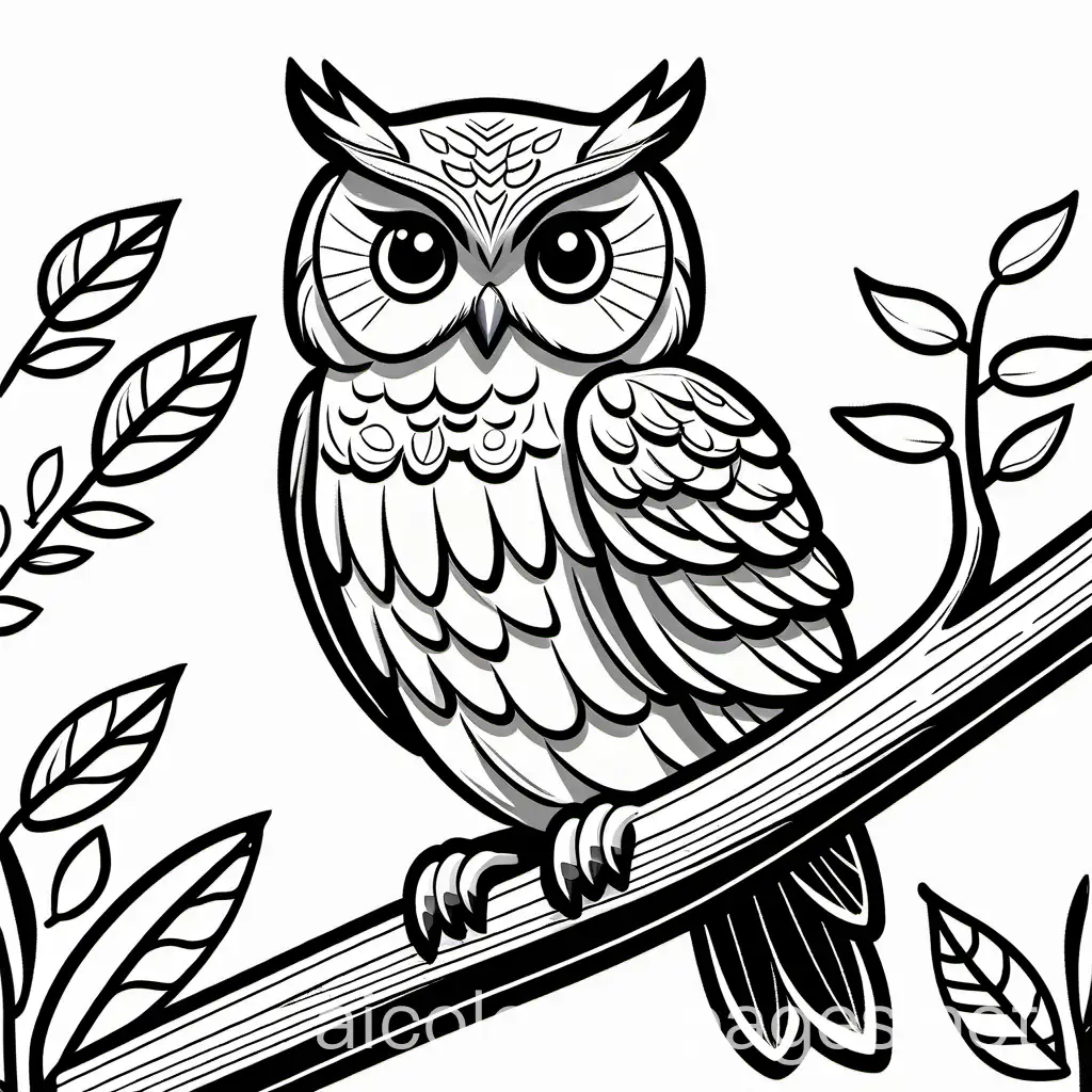 owl perched on a branch, Coloring Page, black and white, line art, white background, Simplicity, Ample White Space. The background of the coloring page is plain white to make it easy for young children to color within the lines. The outlines of all the subjects are easy to distinguish, making it simple for kids to color without too much difficulty