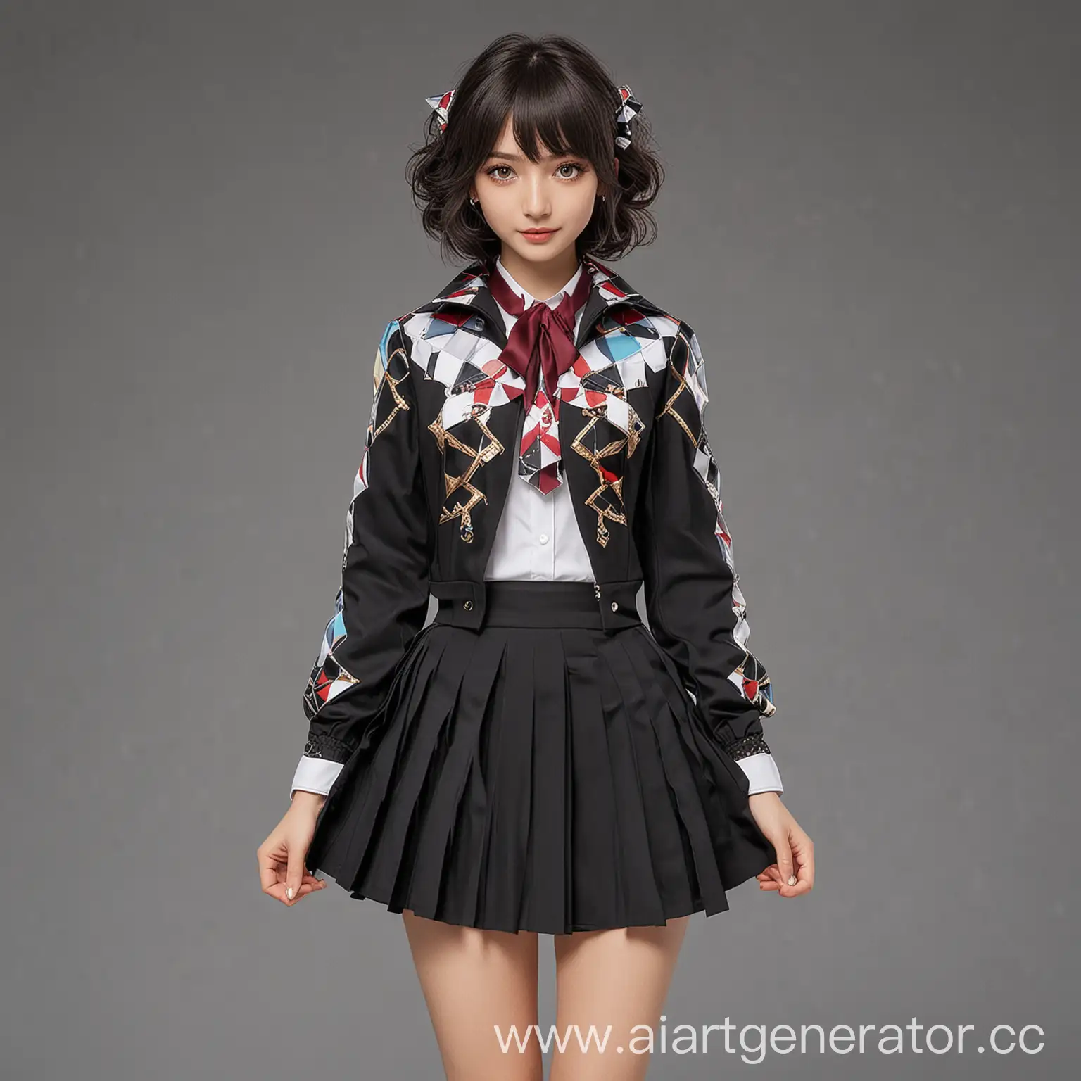 Fashionable-Harlequin-Style-Jacket-and-Black-Pleated-Skirt