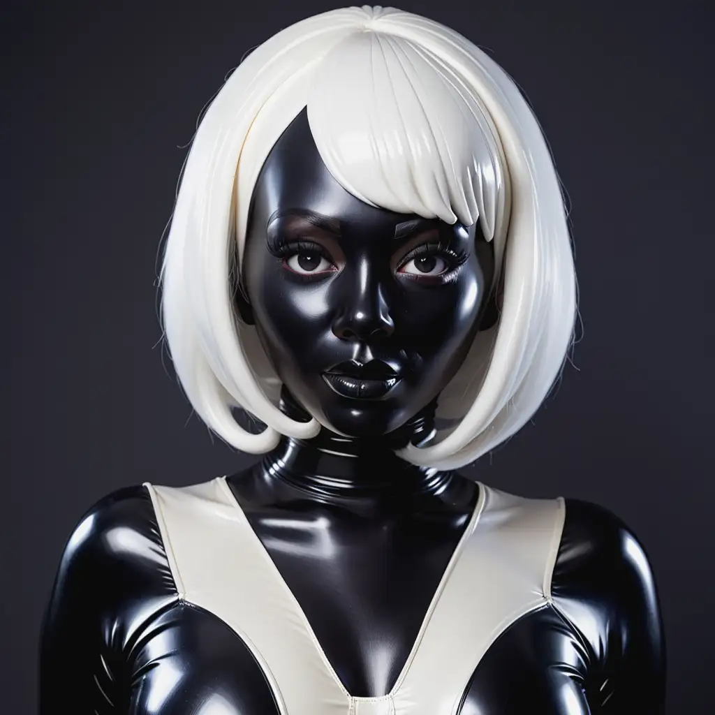 латексная девушка с черной латексной кожей с черным латексным лицом с белой латексной пышной прической