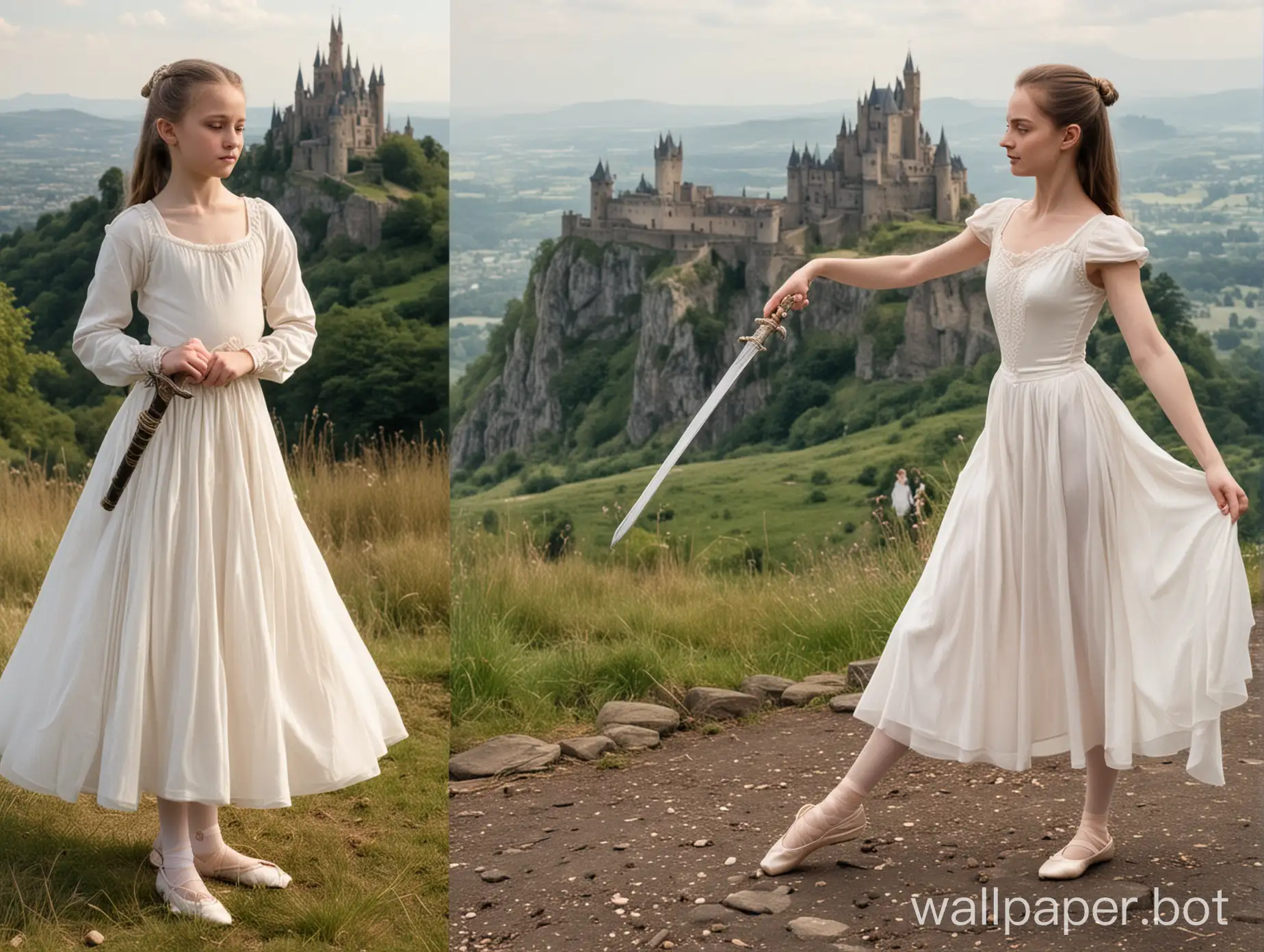 On the left is a Woman aged 25 in a long white gown, she is holding a sword. On the right is a girl aged 10 in ballet attire and pointe shoes. There is a castle on a hilltop in the distance.