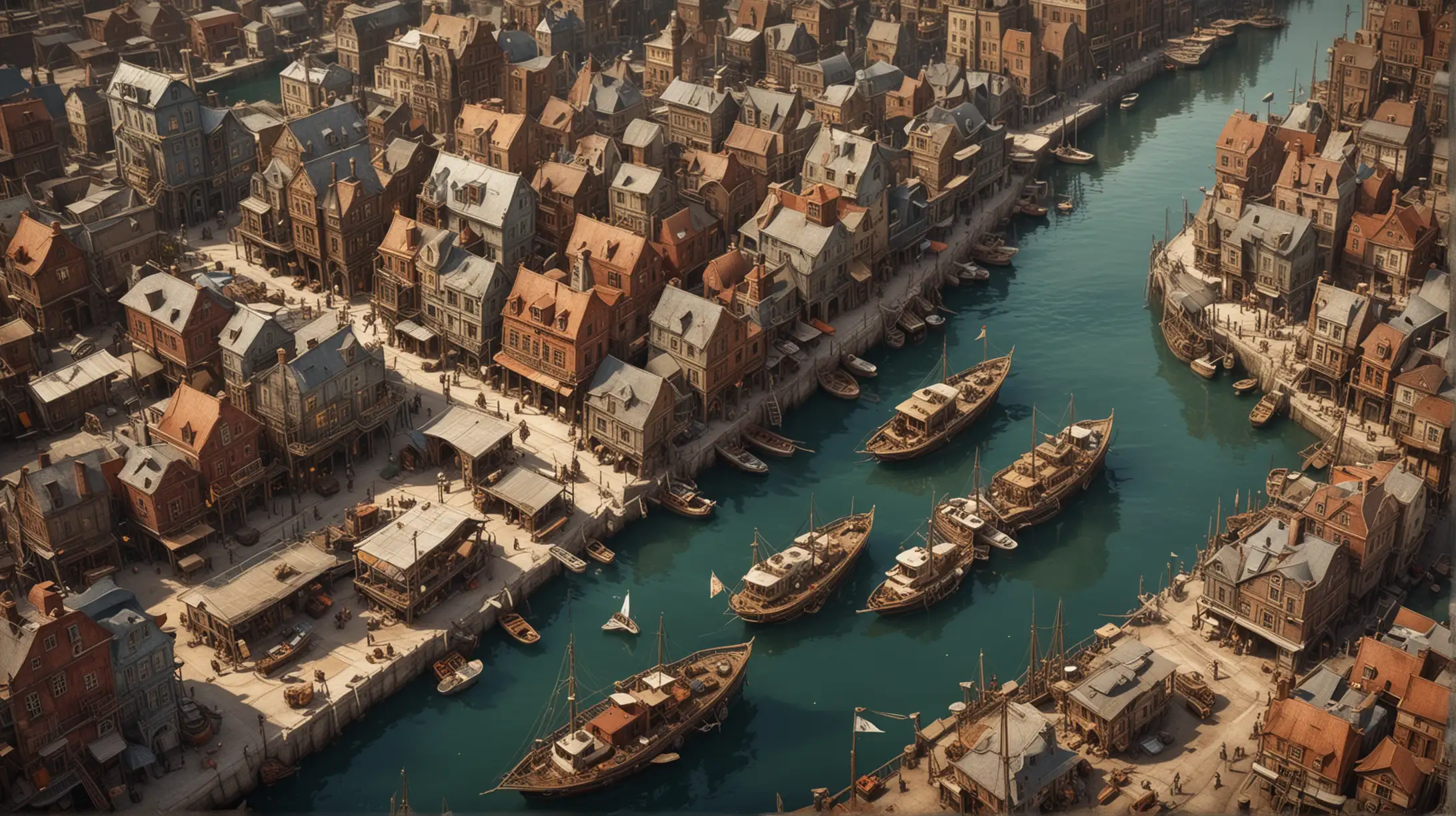 an old  steampunk city with many channels, boats, small harbors, bird's eye view