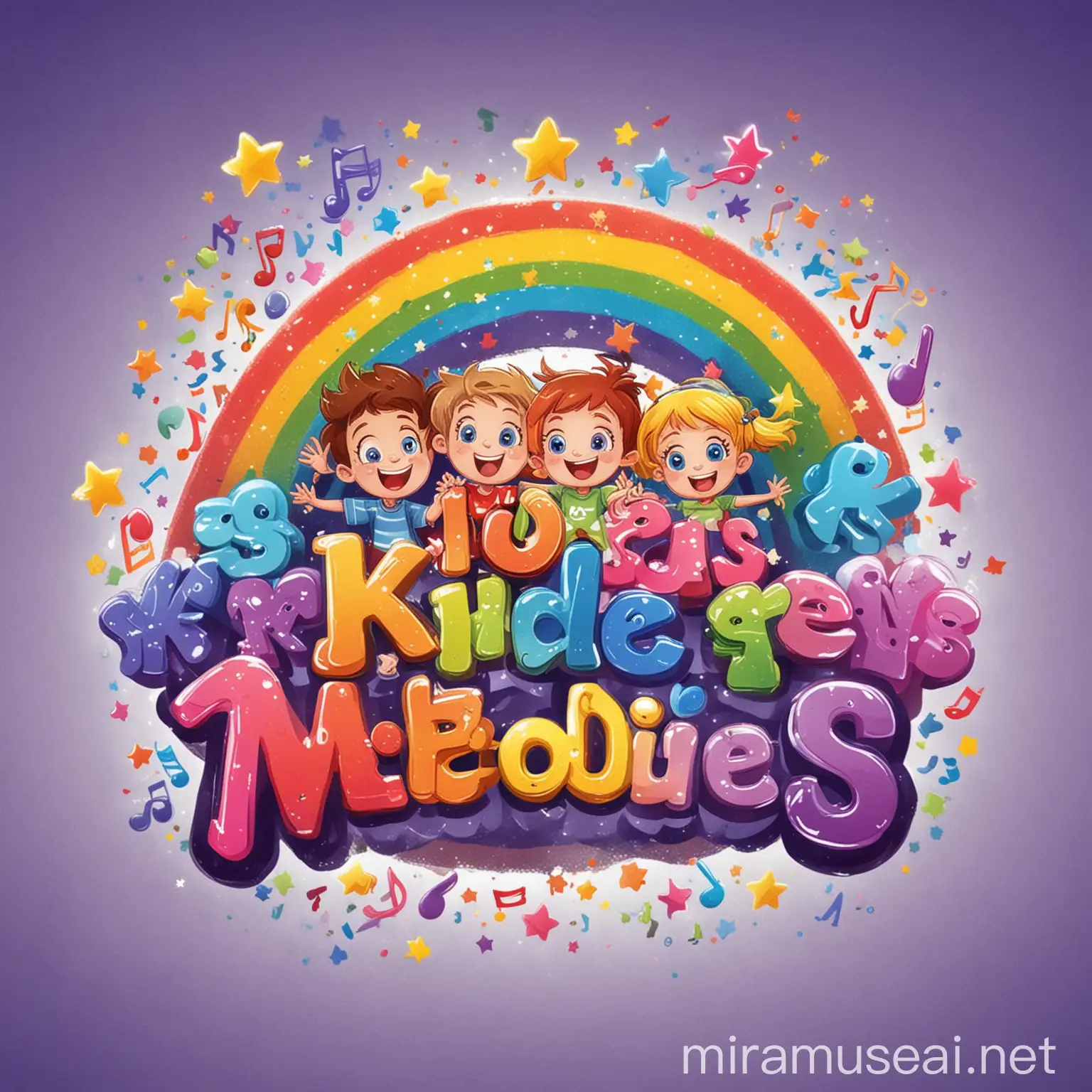 Design a logo for "Kidz Melodies": Combine colorful musical notes with playful cartoon characters of kids singing and dancing. Use vibrant hues and whimsical elements like stars or rainbows. Choose a fun font for the channel name. Ensure clarity and child-friendly appeal. for kids write the Kidz Melodies over the image or logo