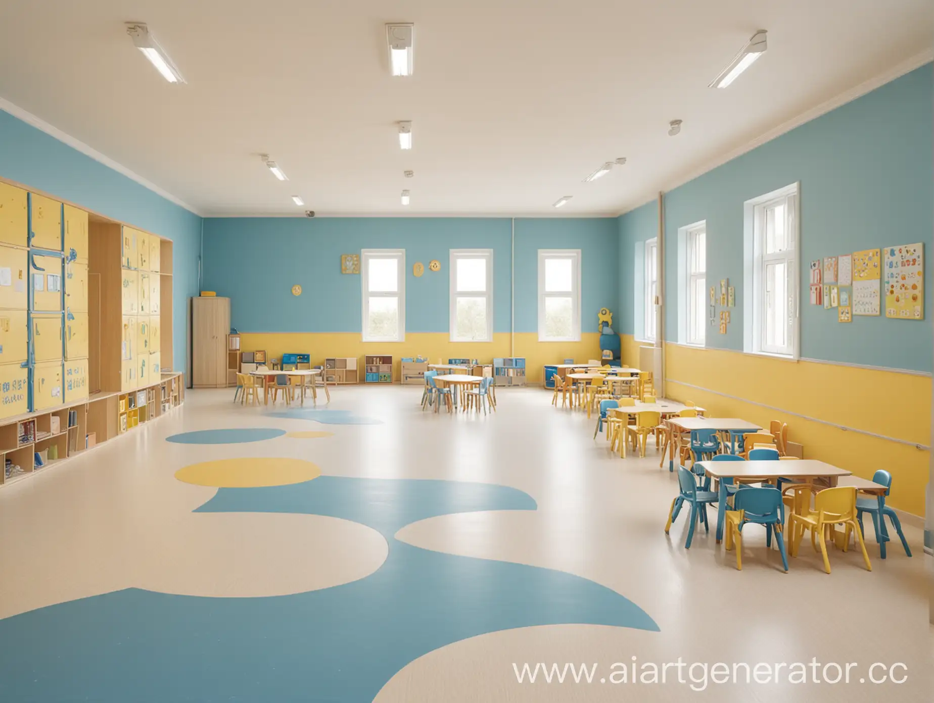 Интерьер детского сада в бежевых, голубых, желтых тонах. Большое помещение