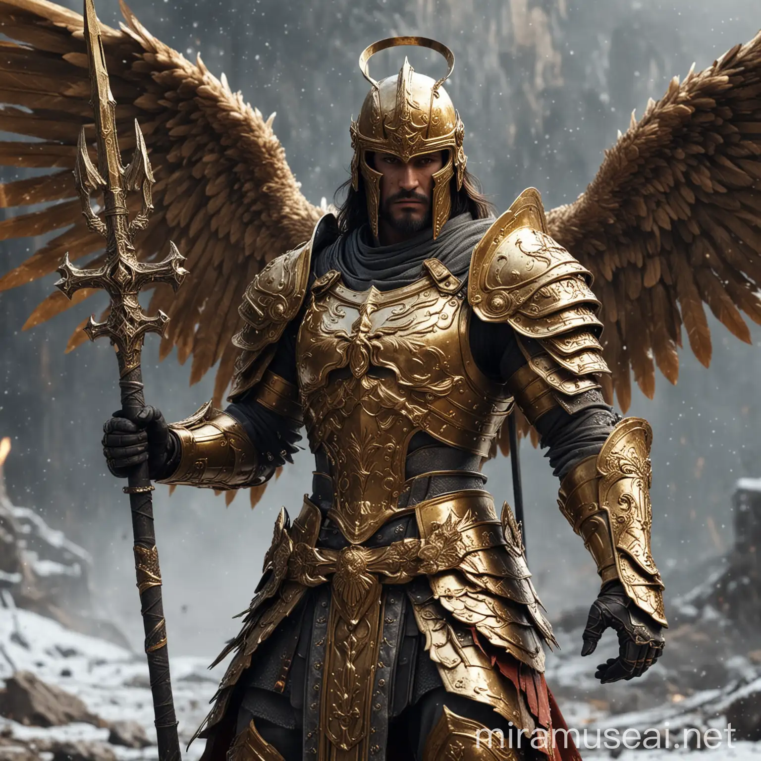 Angel as holy warrior with gold armor,wing.,High-definition,Ultra Realisctic,8K,Cool colors.He holds holy spear.Jesus symbols to armor.Add War background ,ground is snow and blood.He has angel armor with cross design and cross,samurai helmet.Realistic,detailed.He is in hell battlefield zone .Ground is mud