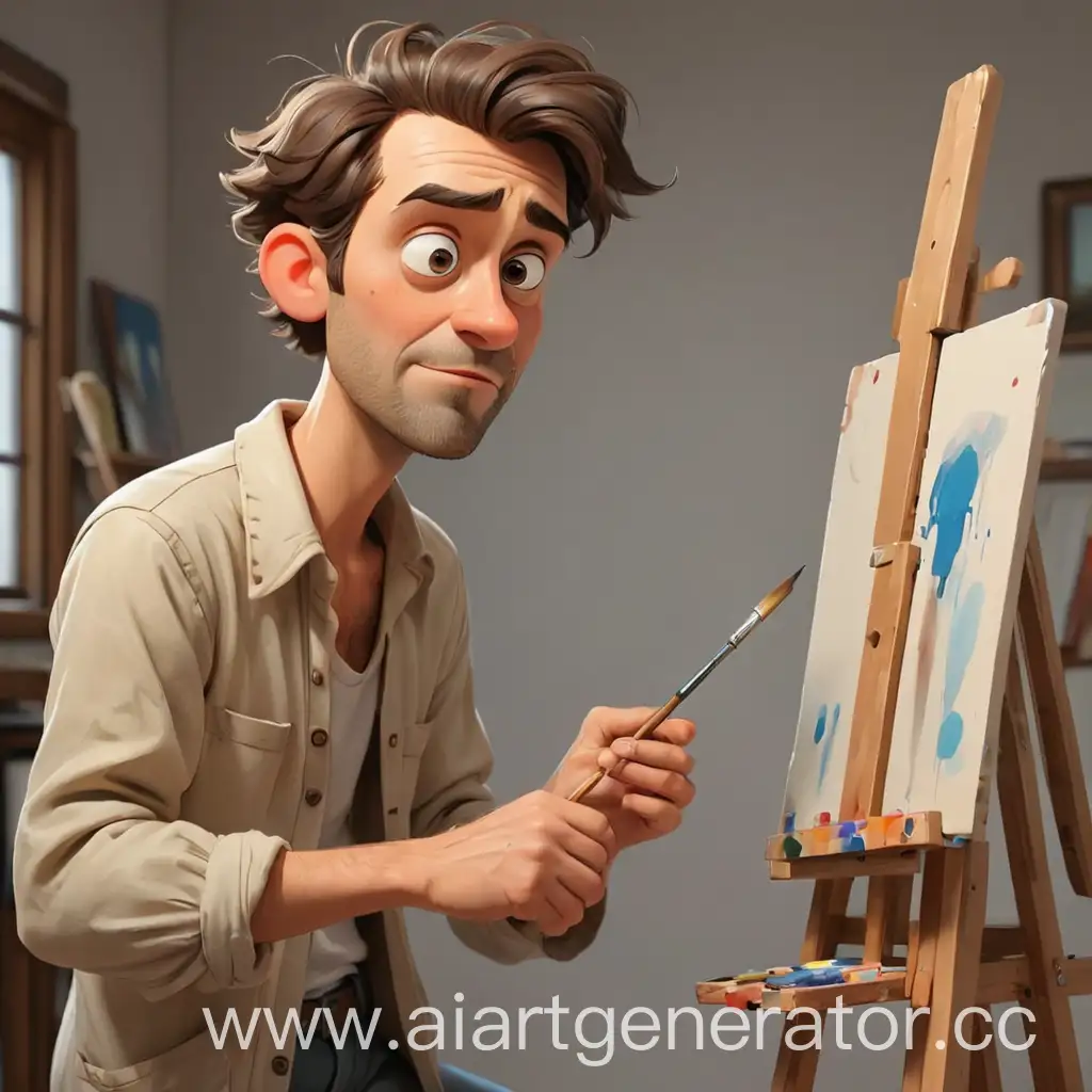 мультяшный мужчина  рисует кистью на мольберте и смотрит на него 
