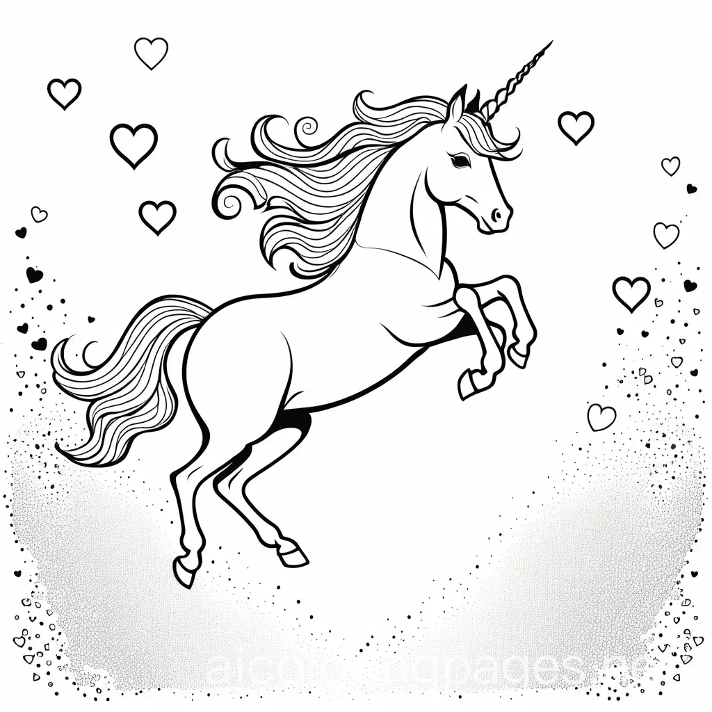 Pretty unicorn, jumping in the sky with sparkles  and hearts around it. All background must be white more white spaces. Black lines must be wide enough to allow coloring for kids, Coloring Page, black and white, line art, white background, Simplicity, Ample White Space.