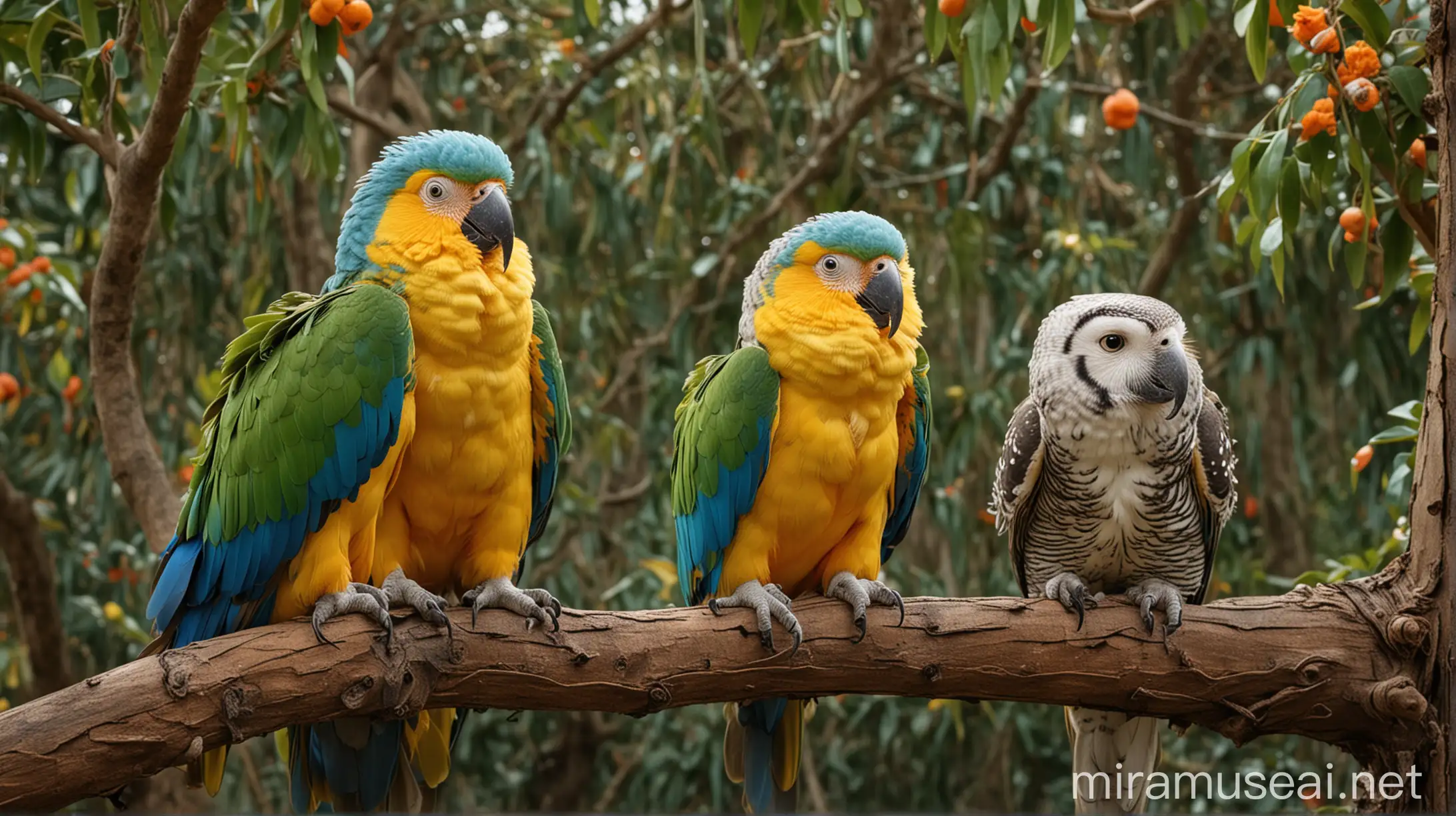 Colorful Parrots and Wise Owl Perched on Tree Branch