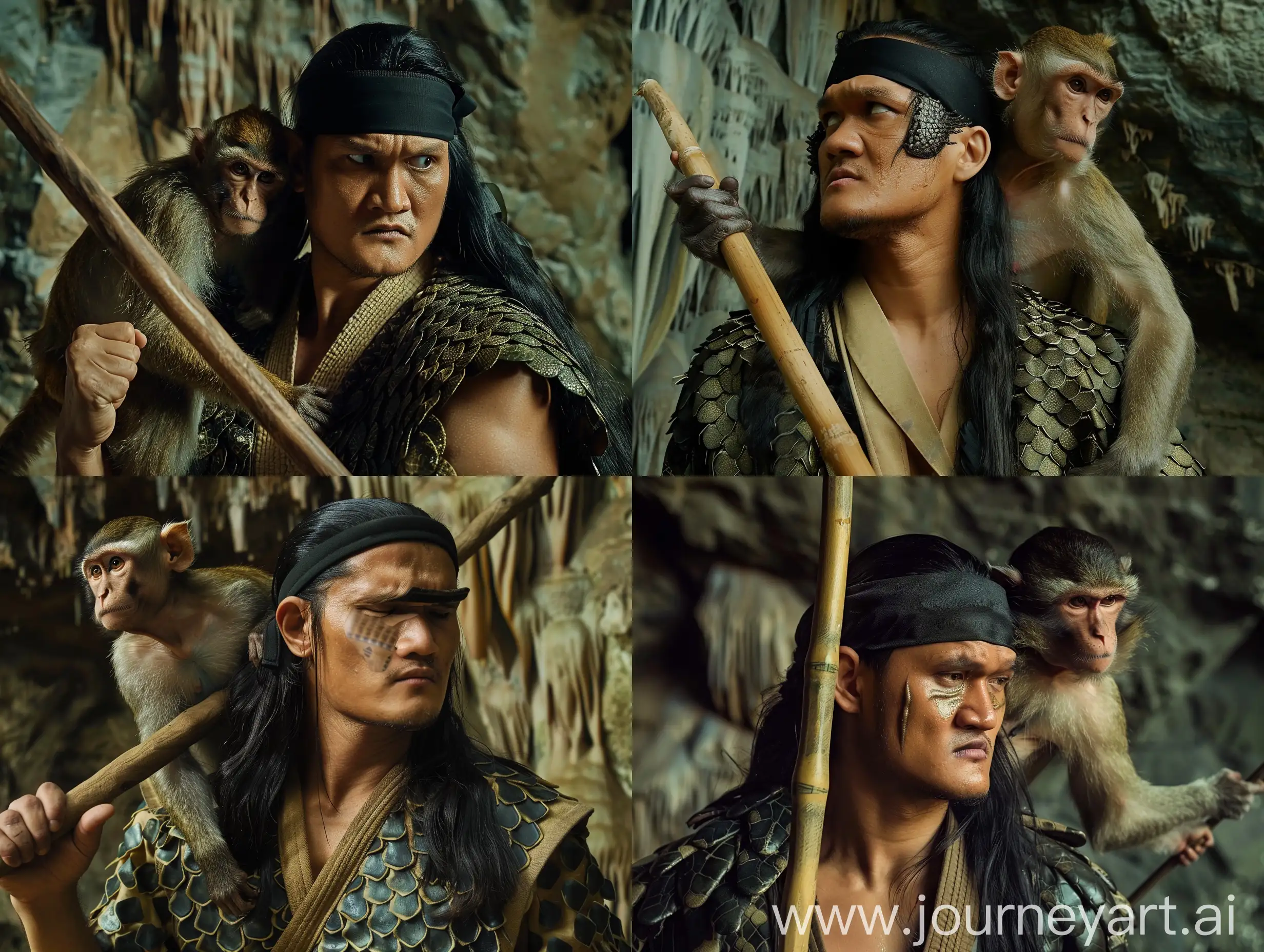 movie scene, an Indonesian male warrior, 30 years old, his eyes are sleeping blind, wearing a black headband, clothes like blackish dark green snake scales, long hair, there is a monkey on his shoulder, he is holding a wooden stick, he is practicing martial arts in a cave