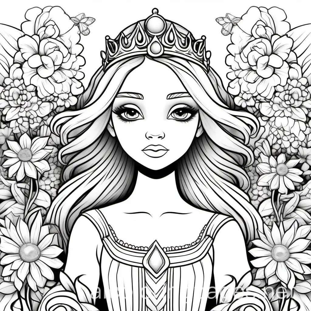 a drawing of a princess surrounded by flowers, line art colouring page, lineart behance hd, coloring pages, clean coloring book page, colouring pages, animated disney movie inking, by Jeremiah Ketner, beautiful line art, exquisite line art, 2d game lineart behance hd, 2 d game lineart behance hd, coloring book page, line art illustration, Coloring Page, black and white, line art, white background, Simplicity, Ample White Space. The background of the coloring page is plain white to make it easy for young children to color within the lines. The outlines of all the subjects are easy to distinguish, making it simple for kids to color without too much difficulty
