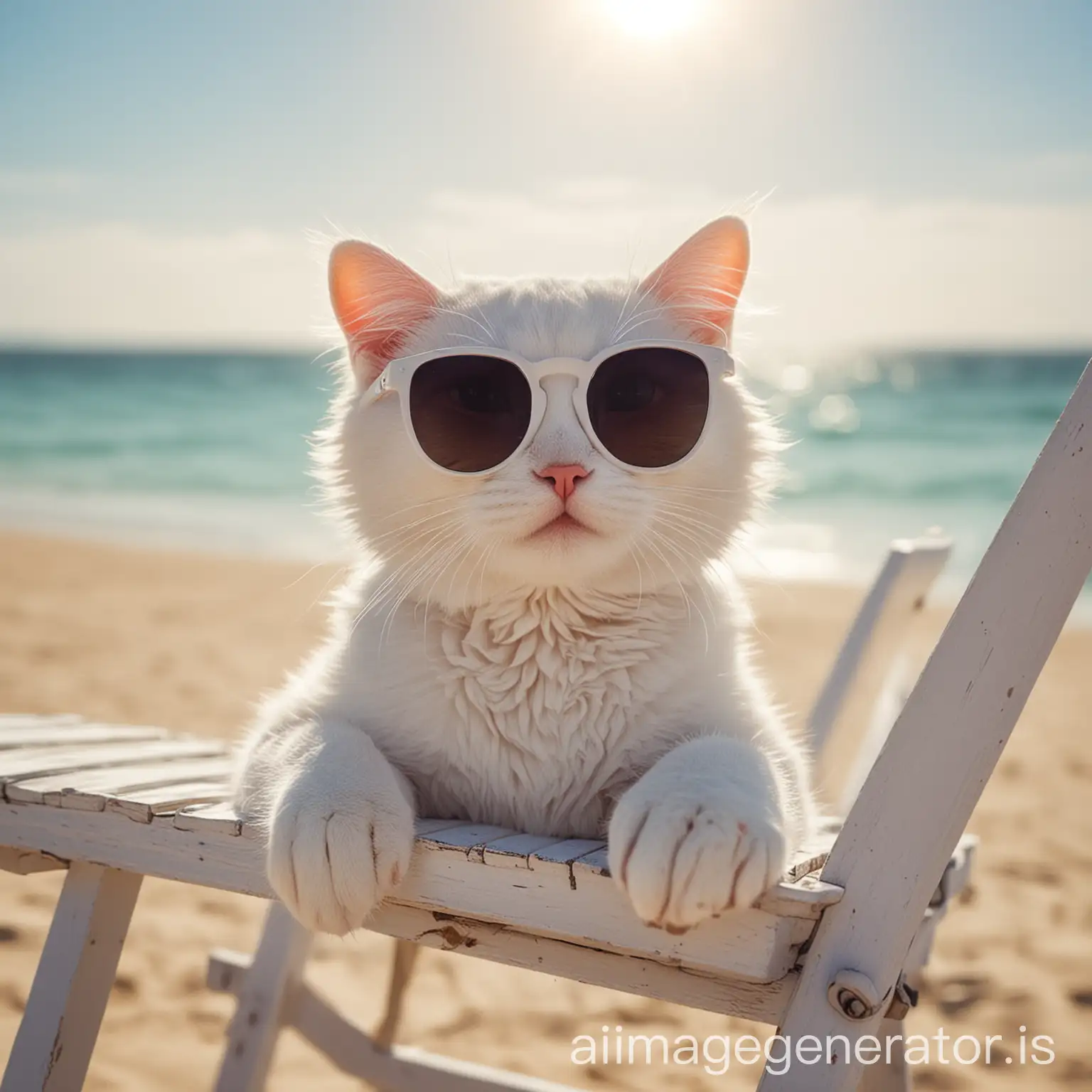 relax white cute cat with sun glasses on the deskchair on the beach