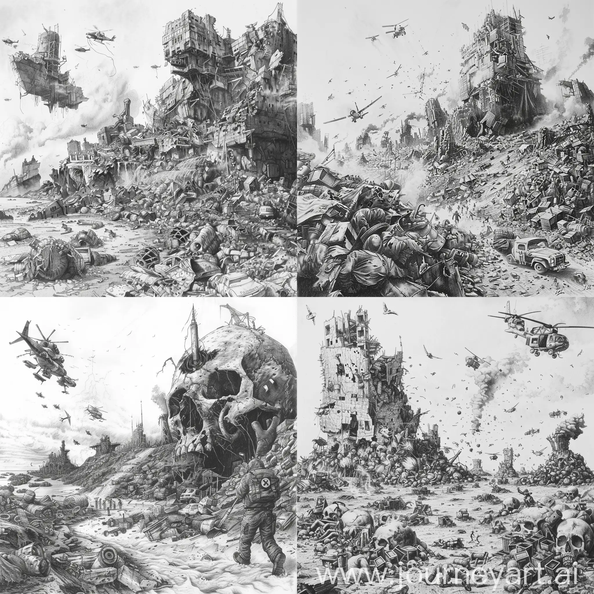 pencil drawing, black and white, post-apocalypse, big garbage island, Salvagepunk, human battle